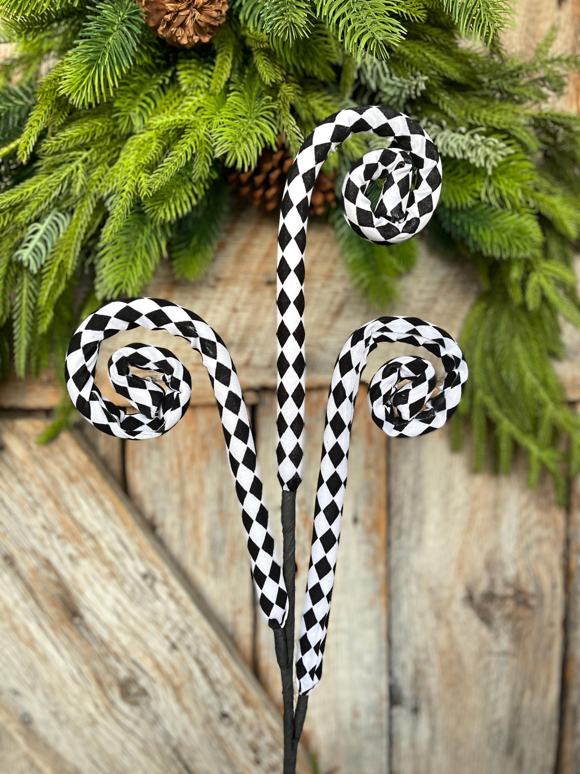 30" Harlequin Floral Spray, Black White Harlequin Curly Spray, Christmas Spray, Halloween Spray