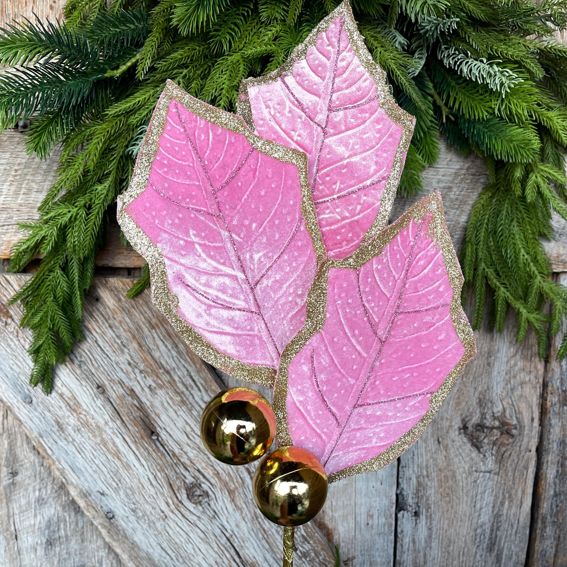 30" Pink Holly Leaf Spray, Christmas Holly Leaf Floral Stem, Pink Floral Picks Stems
