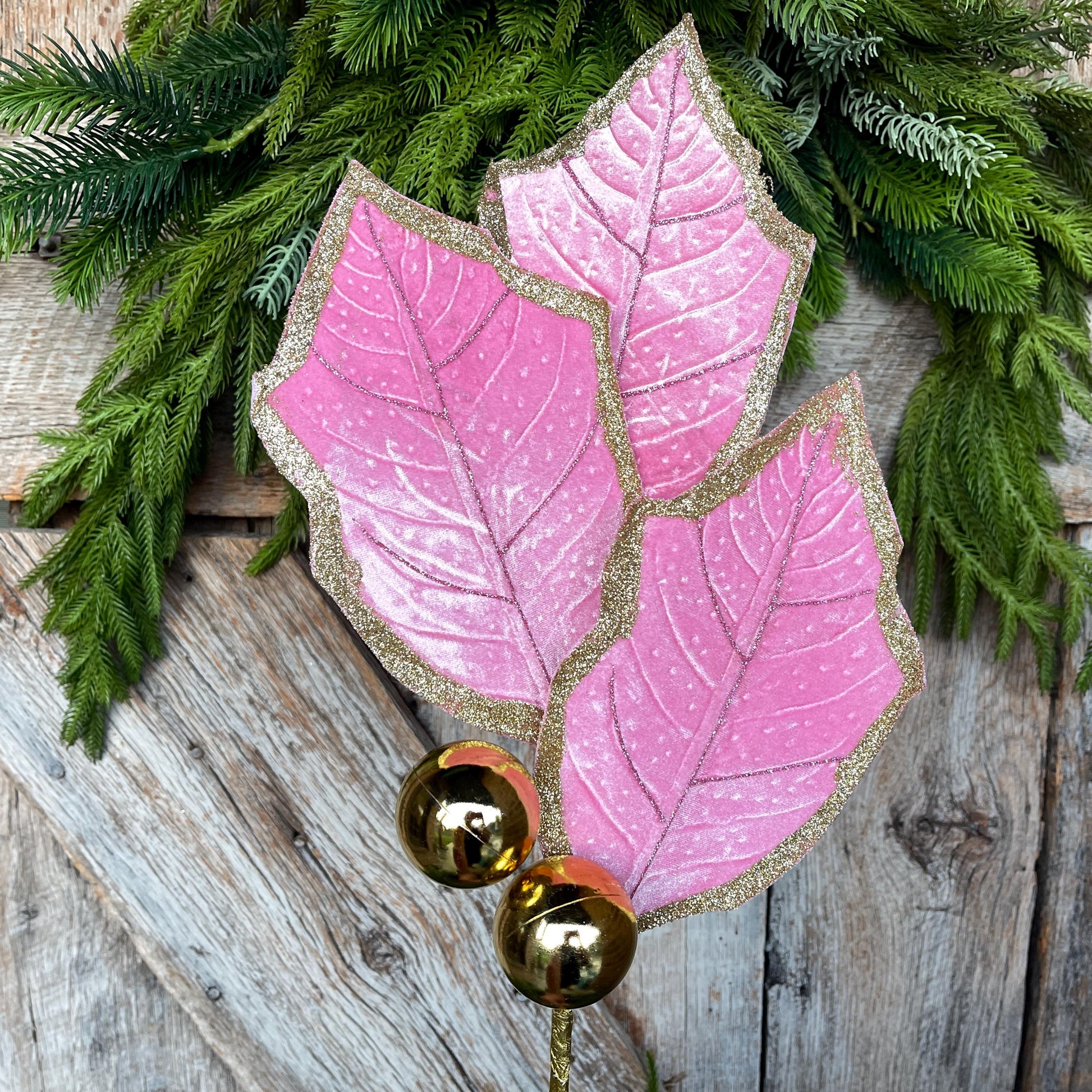 30" Pink Holly Leaf Spray, Christmas Holly Leaf Floral Stem, Pink Floral Picks Stems