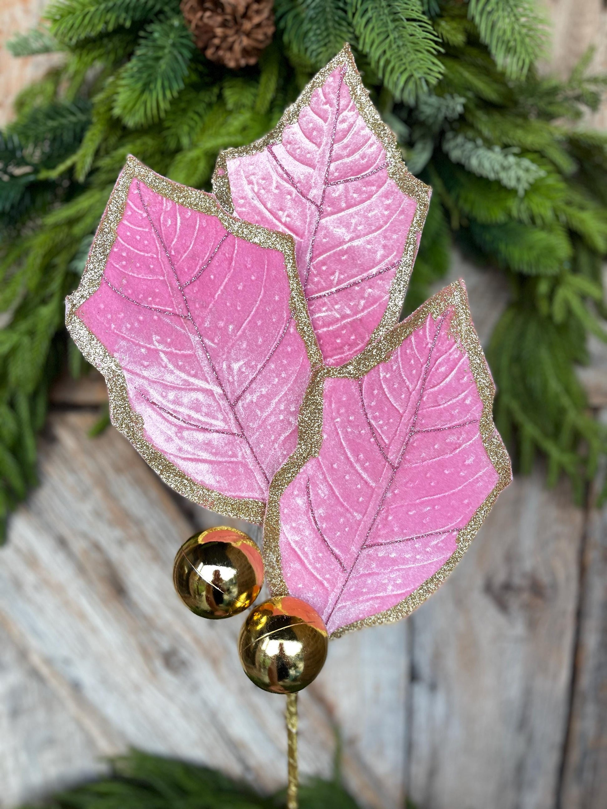 Pink Holly Leaf Christmas Spray: Pink Gold Ornament Floral Stem, 30"