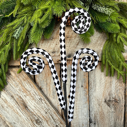 30" Harlequin Floral Spray, Black White Harlequin Curly Spray, Christmas Spray, Halloween Spray