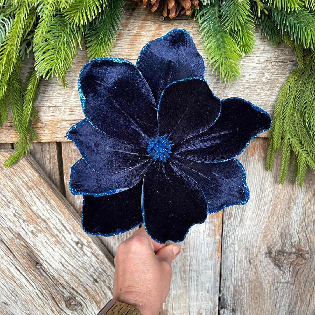 Navy Blue Velvet Magnolia Stem: Glitter Christmas Decor, 19"