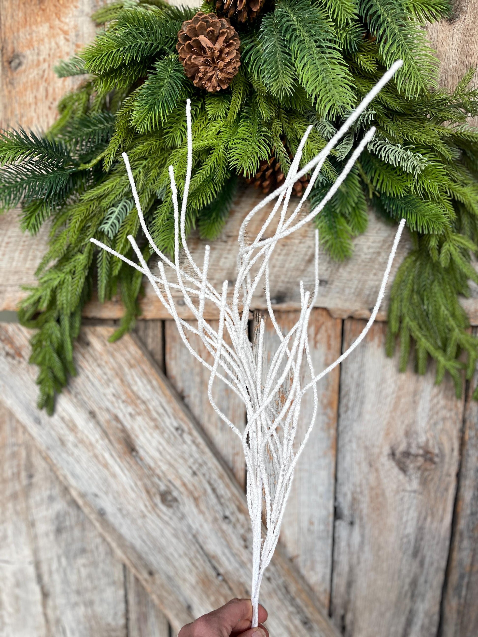 30" White Glitter Twig Spray, Christmas Tree Topper Spray, White Floral Spray