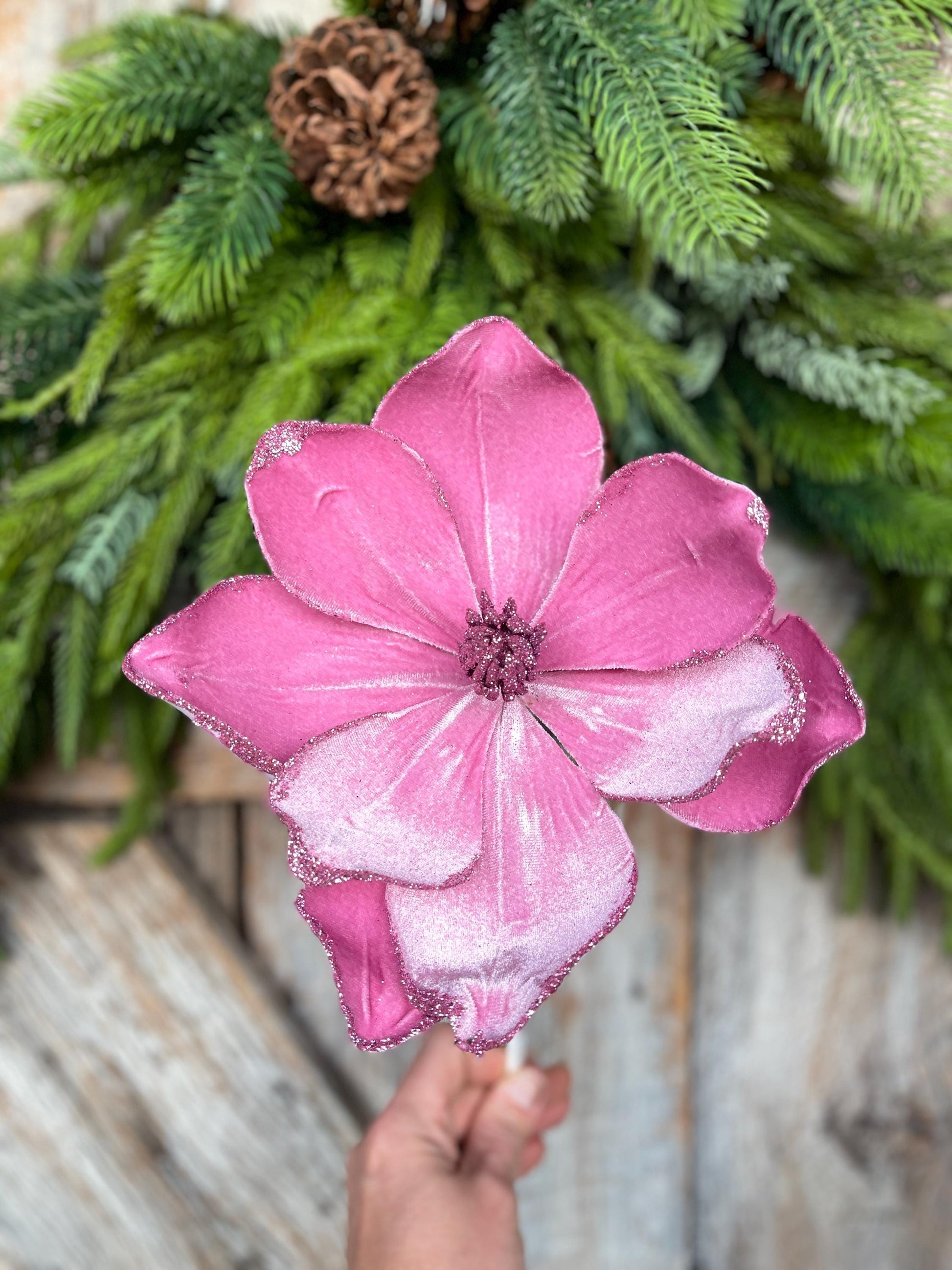 18" Pink Mauve Magnolia Floral, Christmas Magnolia Stem, Pink Velvet Magnolia Spray
