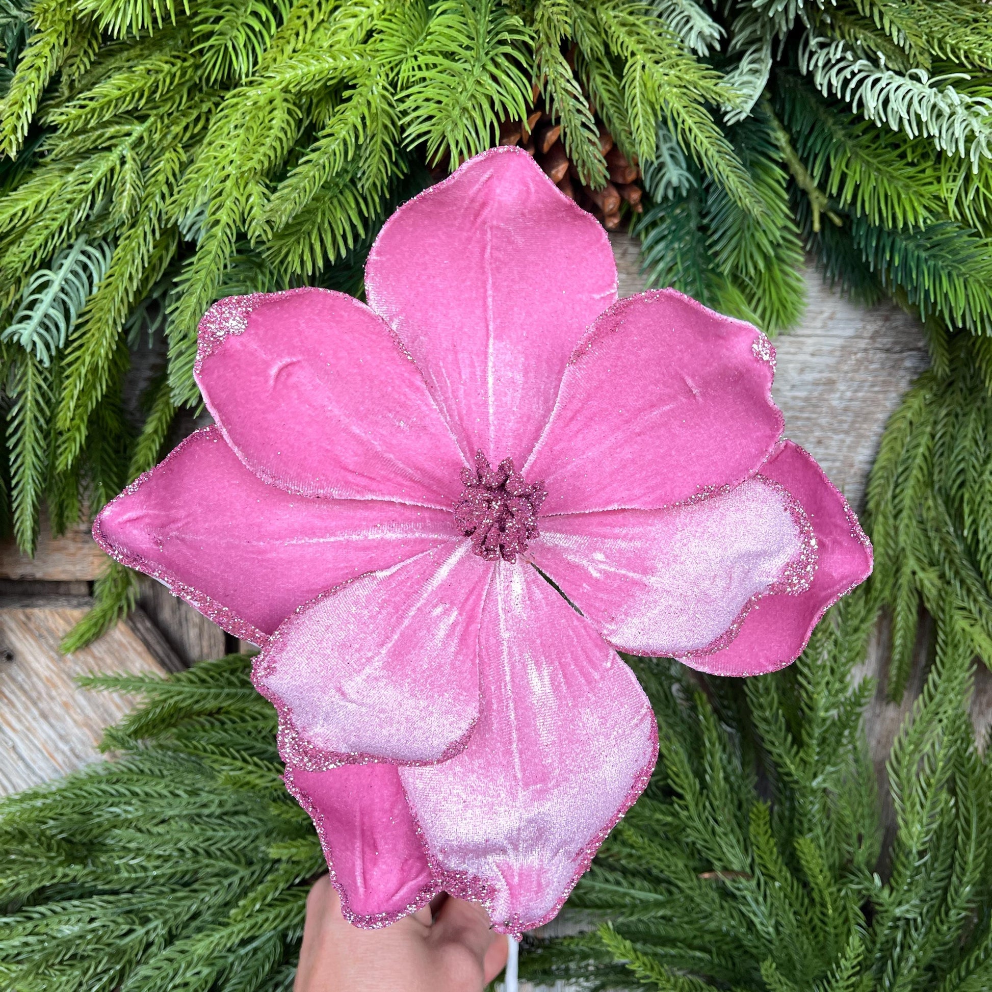 18" Pink Mauve Magnolia Floral, Christmas Magnolia Stem, Pink Velvet Magnolia Spray