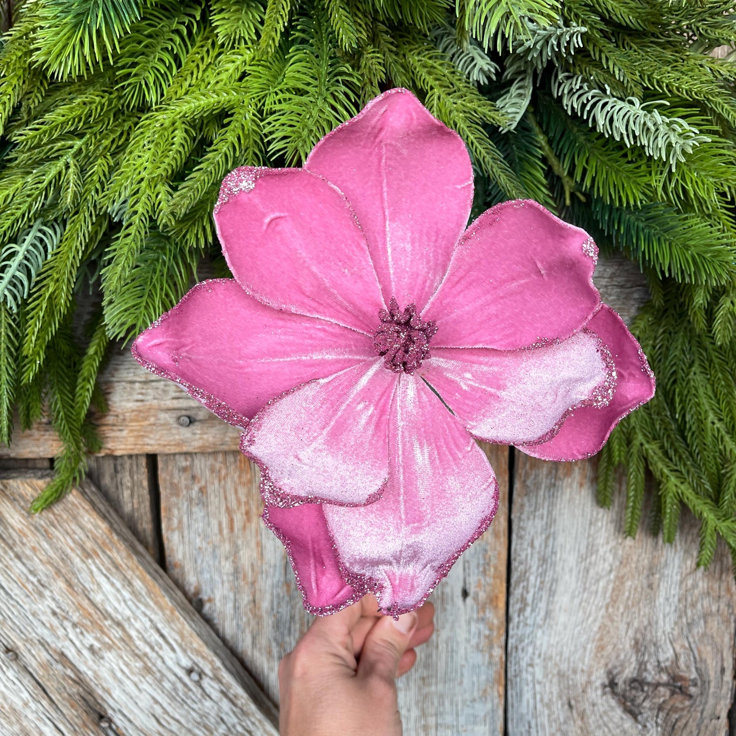 18" Pink Mauve Magnolia Floral, Christmas Magnolia Stem, Pink Velvet Magnolia Spray