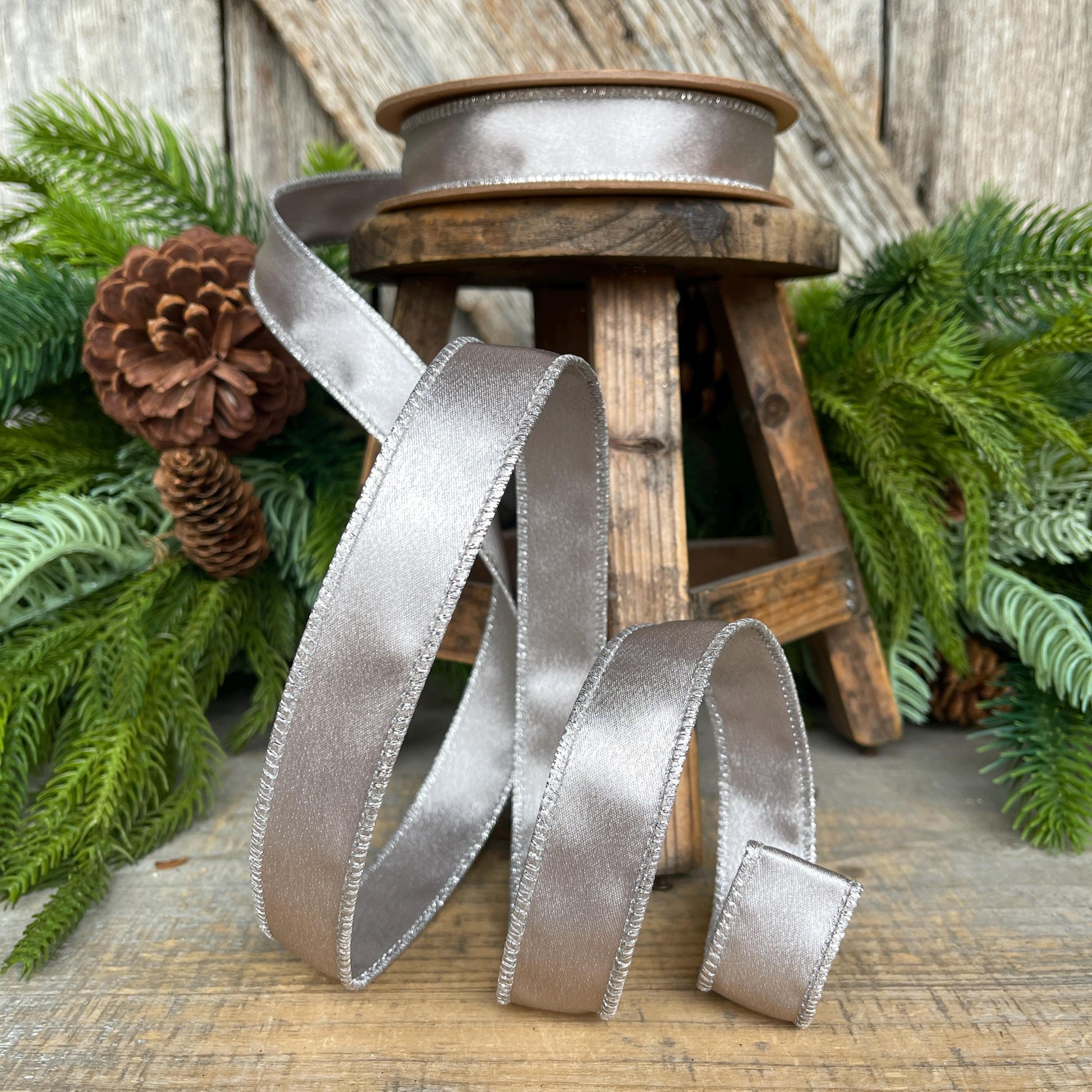 1" Silver Shimmer Satin Ribbon, Silver Satin Ribbon, Wired Ribbon
