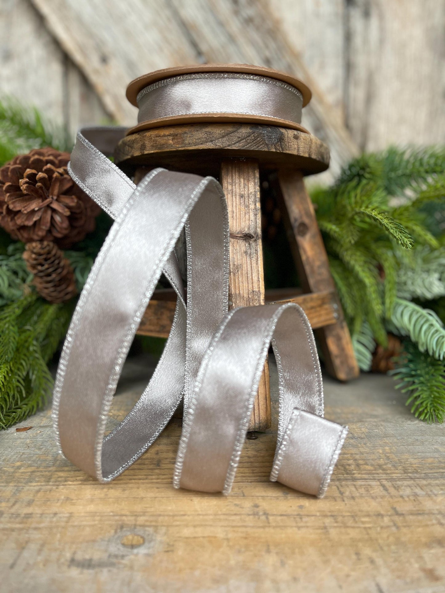 Silver Shimmer Satin Wired Ribbon: 1" Silver Christmas Ribbon