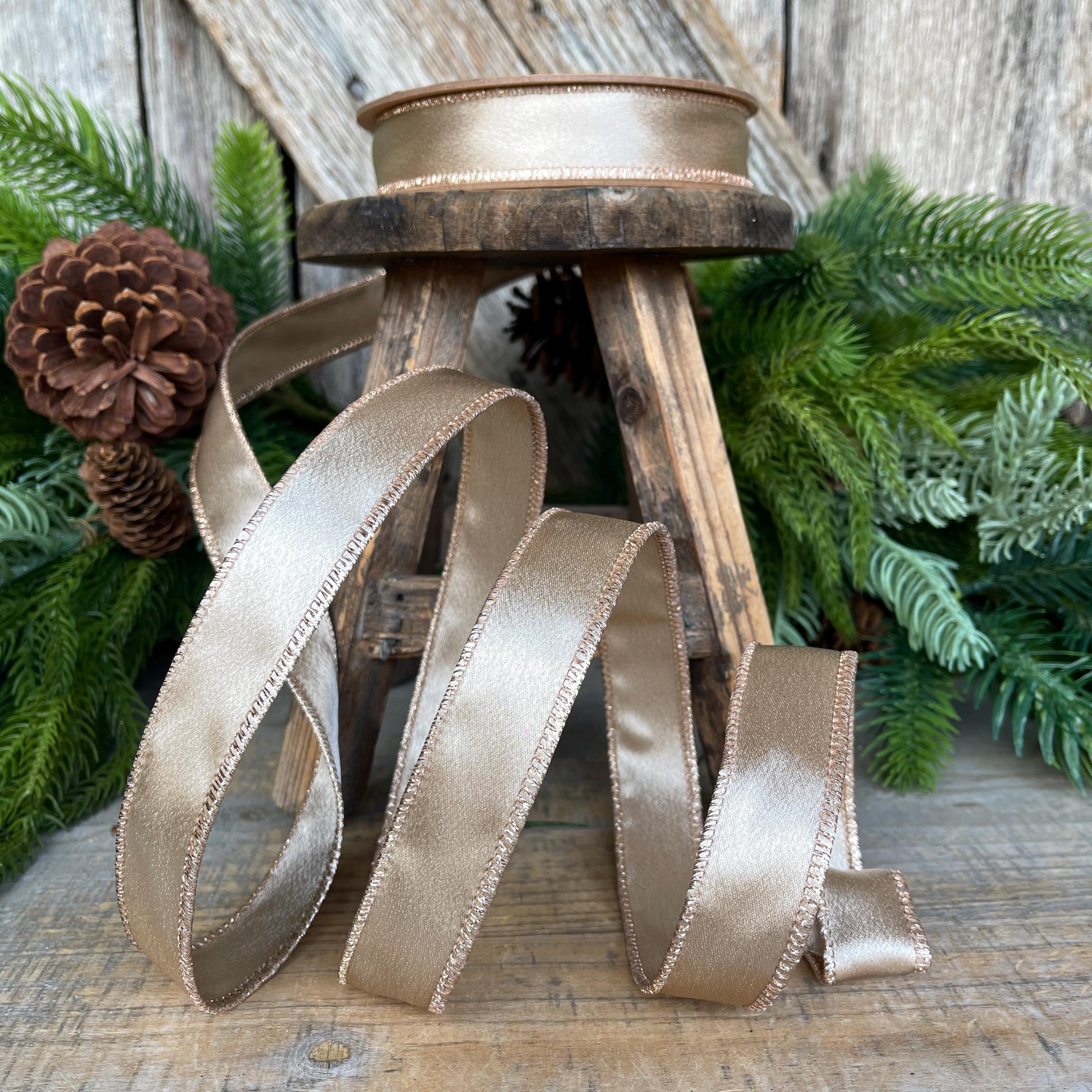 1" Champagne Gold Satin Ribbon, Christmas Ribbon, Shimmer Satin Ribbon, Wired Ribbon, Gold Ribbon