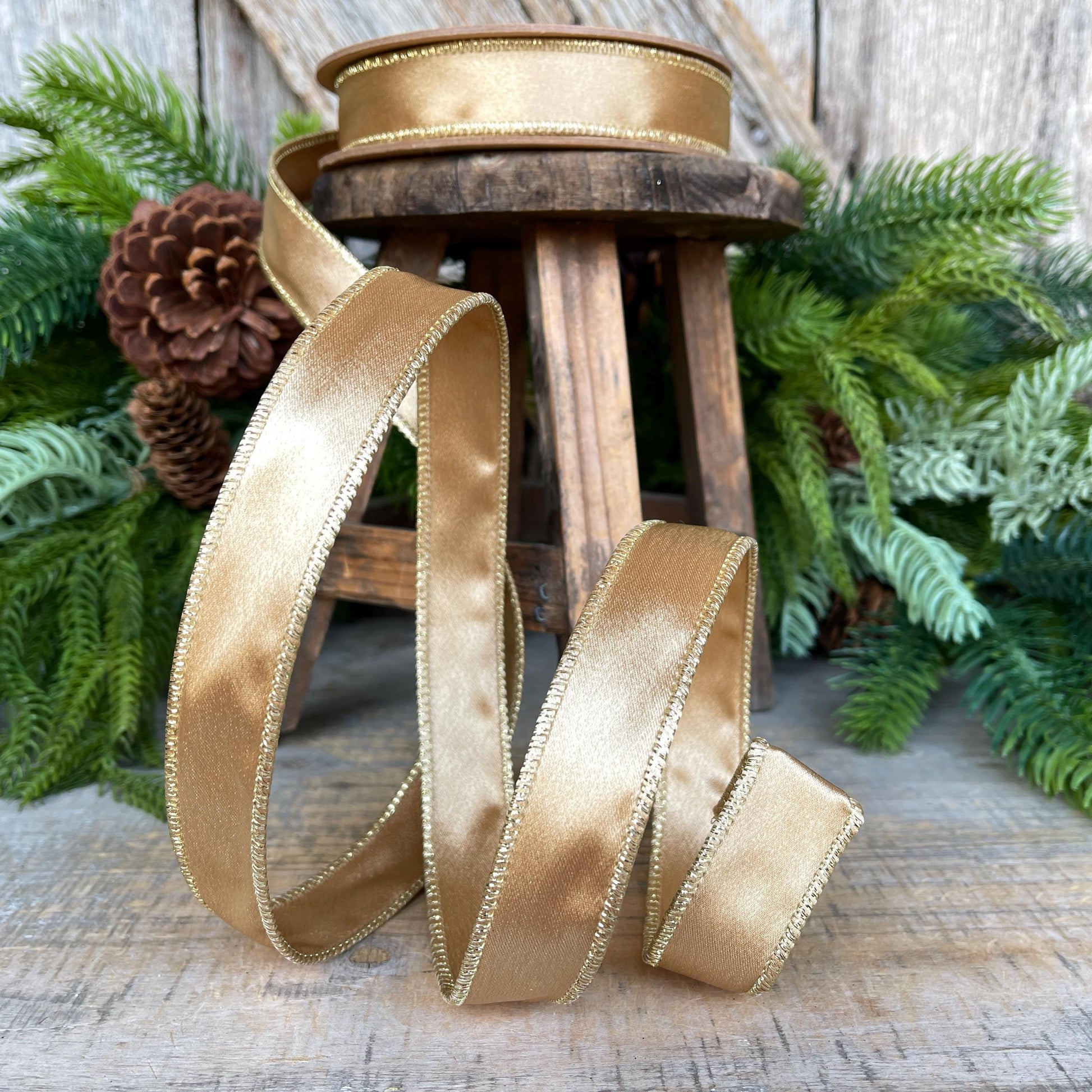 1" Gold Satin Ribbon, Gold Christmas Ribbon, Gold Shimmer Satin Ribbon, Wired Ribbon, Gold Ribbon
