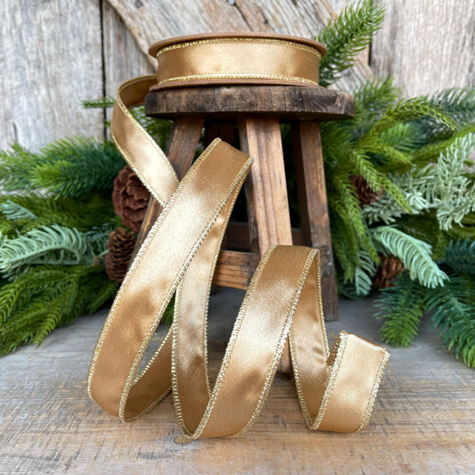 1" Gold Satin Ribbon, Gold Christmas Ribbon, Gold Shimmer Satin Ribbon, Wired Ribbon, Gold Ribbon