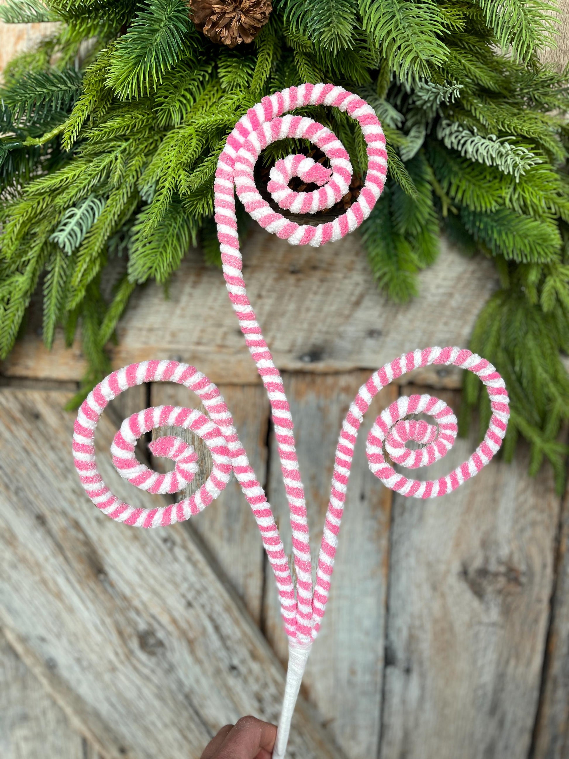 31" Pink White Curly Spray, Pink Christmas Spray, Candy Cane Curly Spray, 84122PKWT