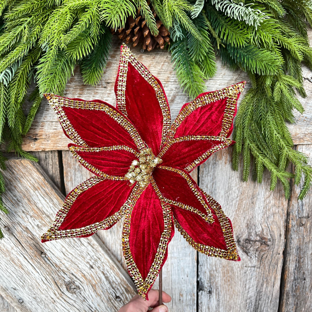 Red Velvet Poinsettia with Gold Trim - Christmas Tree Floral Decor
