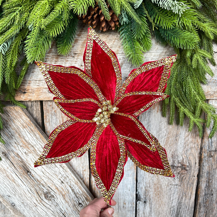 Red Velvet Poinsettia with Gold Trim - Christmas Tree Floral Decor