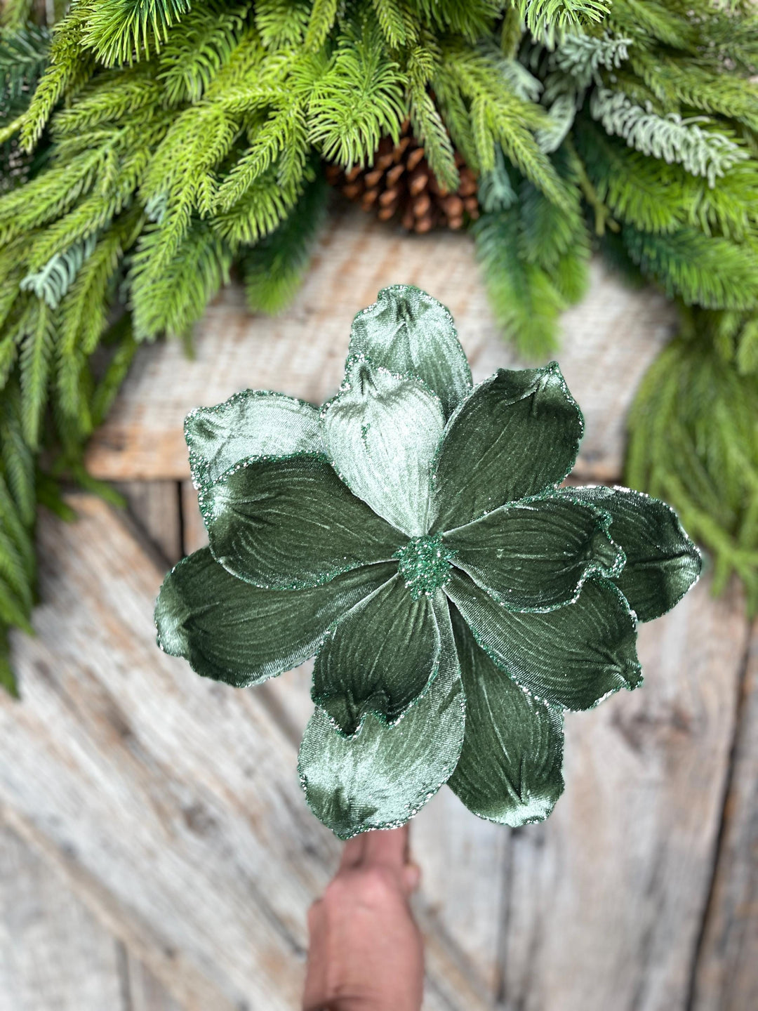 Mint Green Velvet Magnolia Stem: 24" Christmas Floral Pick