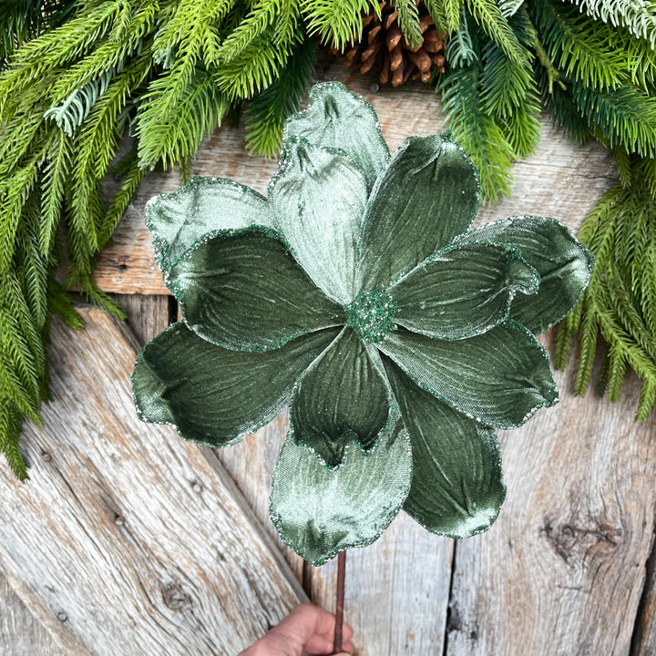 Mint Green Velvet Magnolia Stem: 24" Christmas Floral Pick