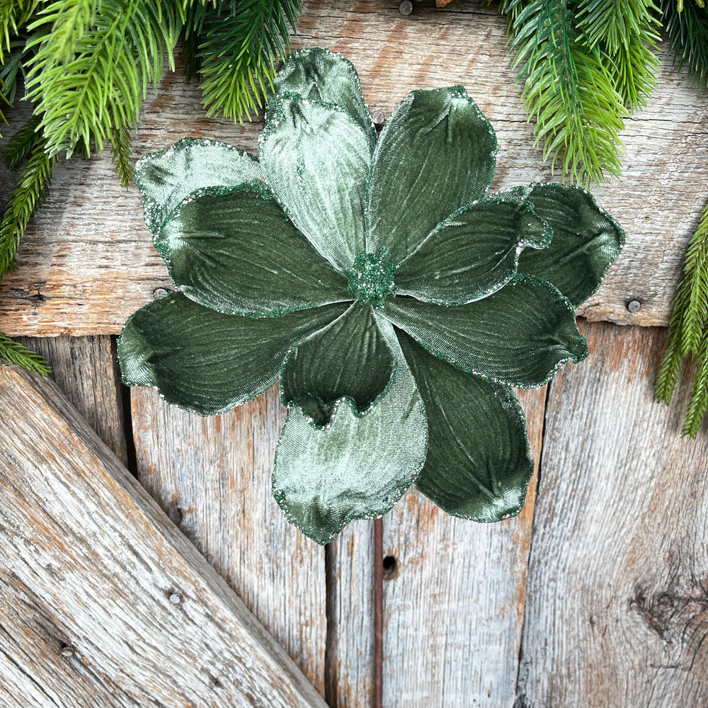Mint Green Velvet Magnolia Stem: 24" Christmas Floral Pick
