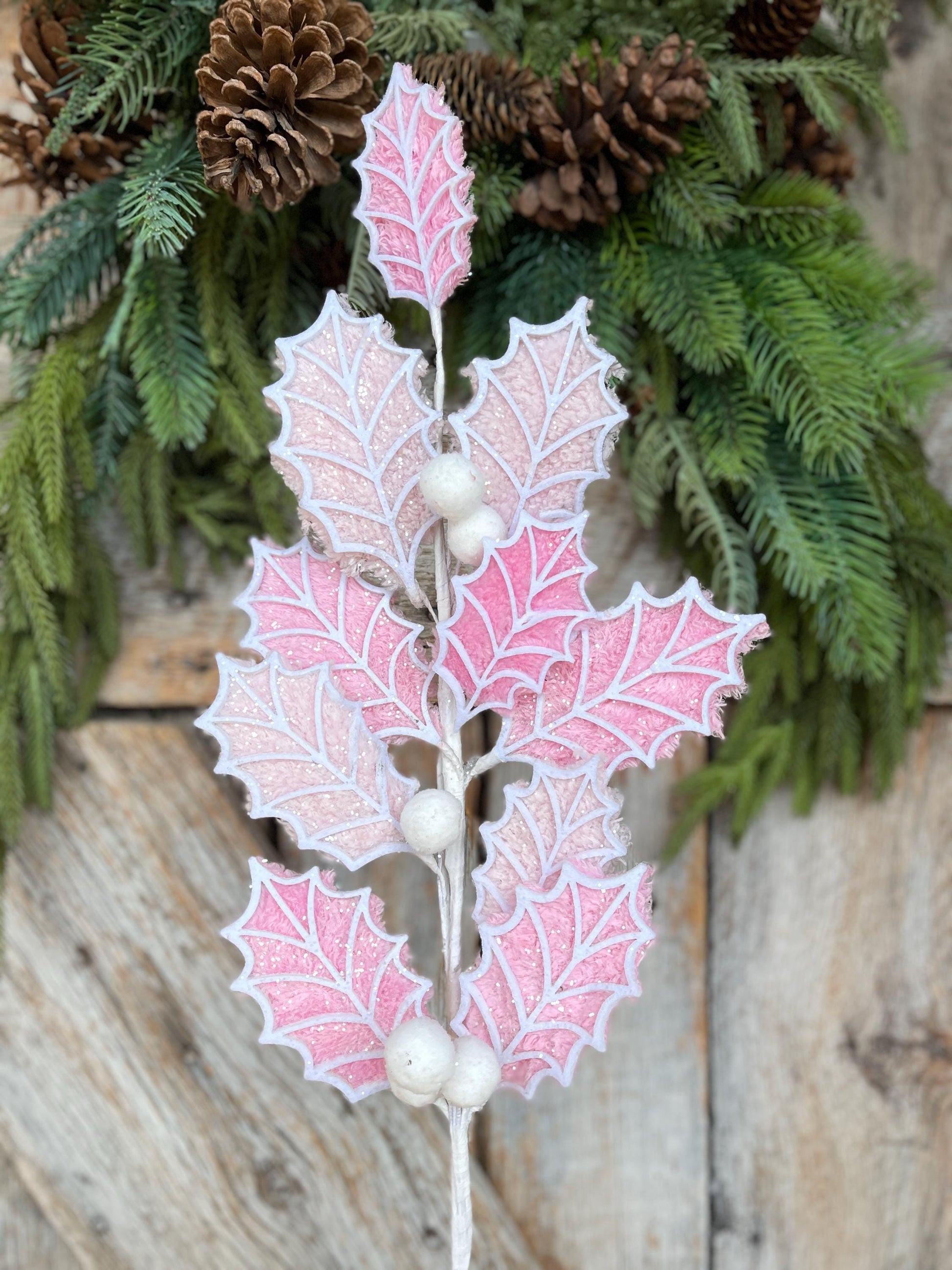 31" Pink White Holly Leaf Spray, Christmas Holly Leaf Floral Stem, Pink Floral Picks Stems
