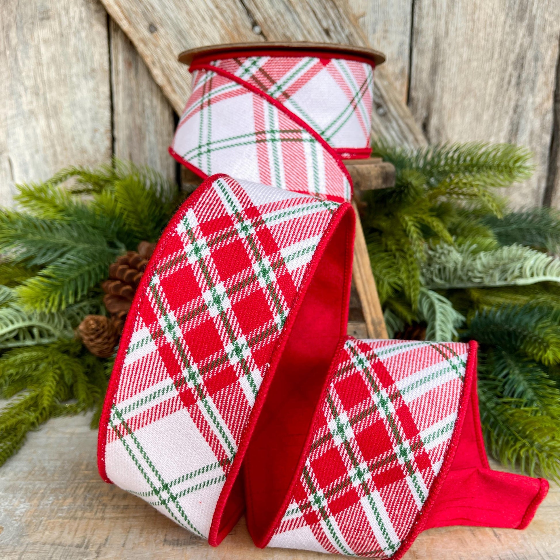 2.5" Red White Christmas Plaid, Christmas Plaid Ribbon, Christmas Tree RIbbon