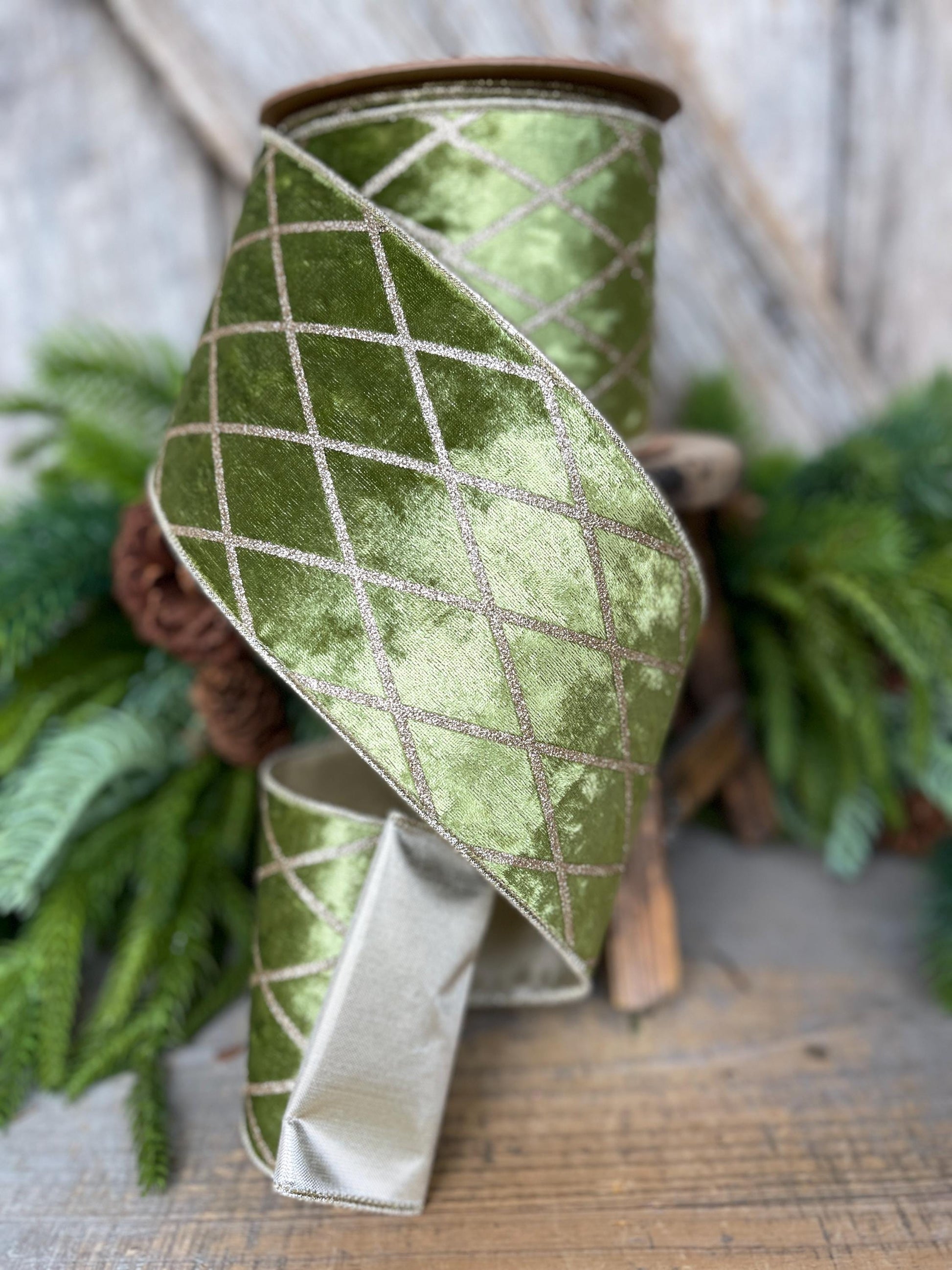4" Moss Green & Gold Velvet Ribbon, Green Harlequin Christmas Ribbon, Green Diamond Velvet Ribbon