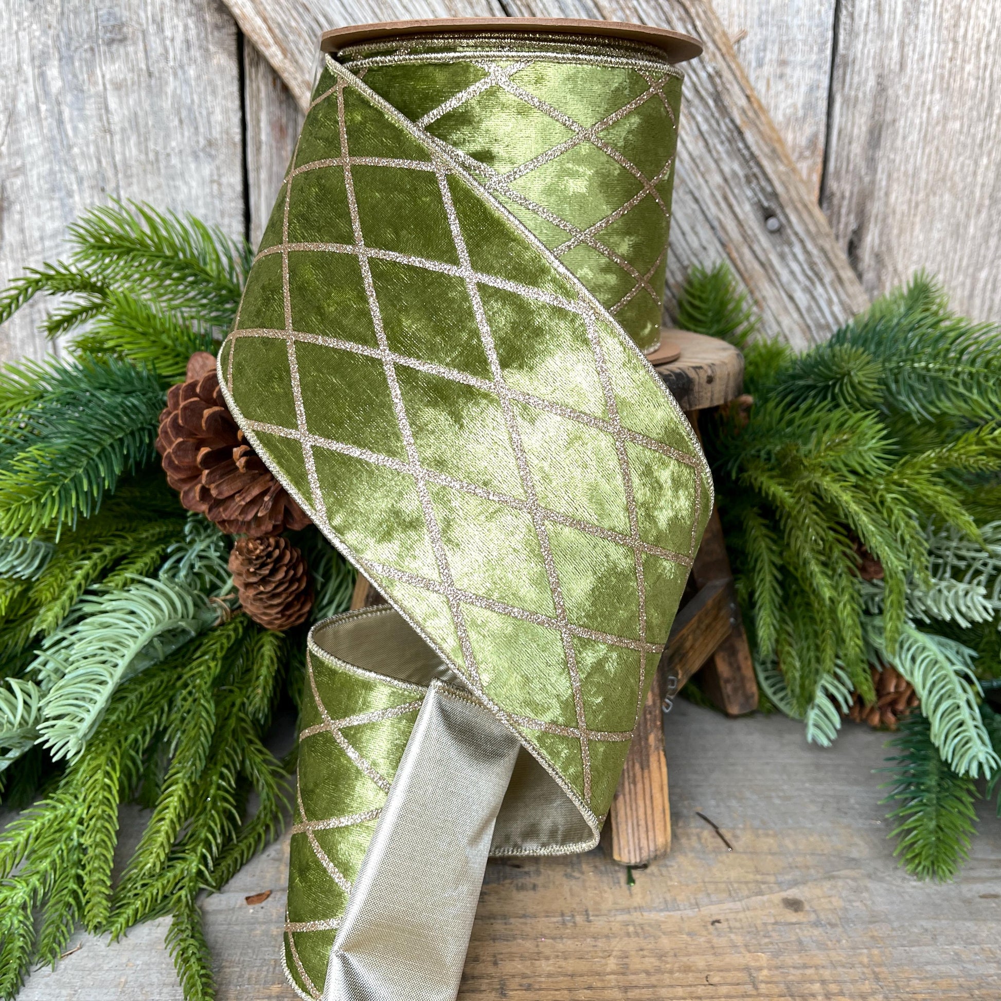4" Moss Green & Gold Velvet Ribbon, Green Harlequin Christmas Ribbon, Green Diamond Velvet Ribbon