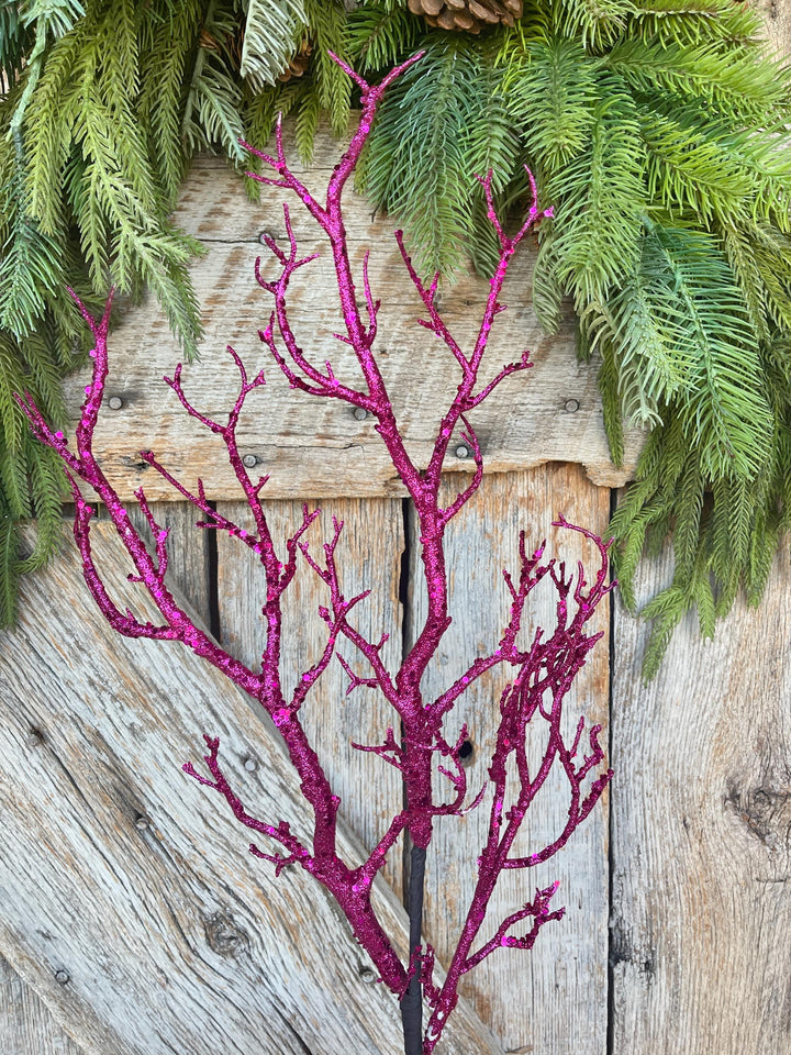 Hot Pink Glitter Halloween Twig Spray: 31" Halloween Picks Stems