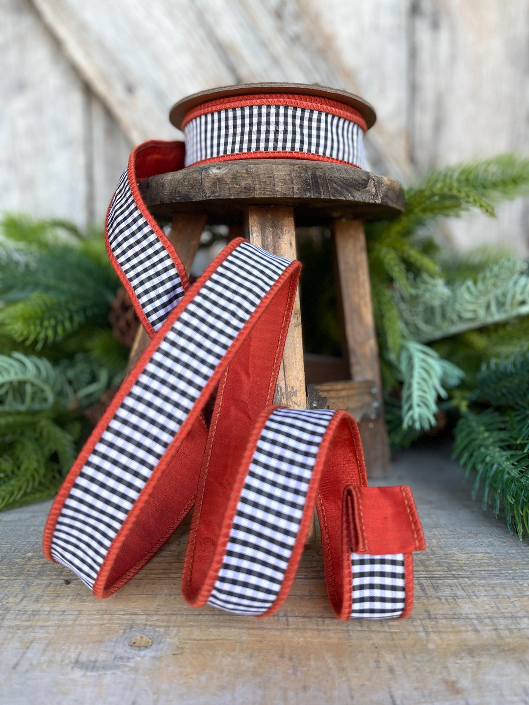Rust Orange Check Ribbon: Black &amp; White Mini Check, Wired Edge, 1" x 10yds