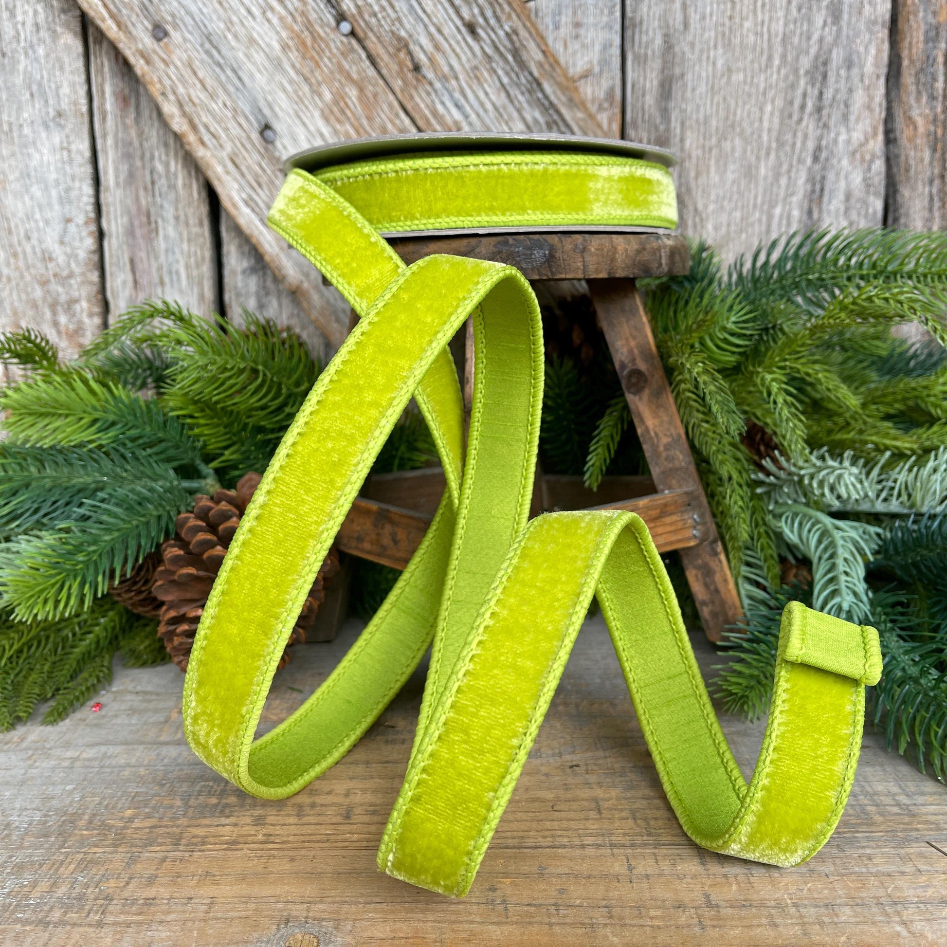 1" Apple Green Velvet Ribbon, Farrisilk Ribbon, Velvet RIbbon