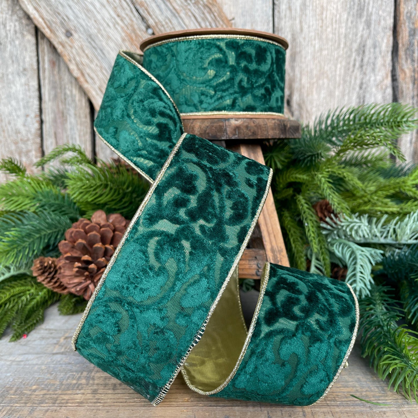 Emerald Green Embossed Velvet Christmas Ribbon: Wired Gold Backing, 2.5" x 10 Yards