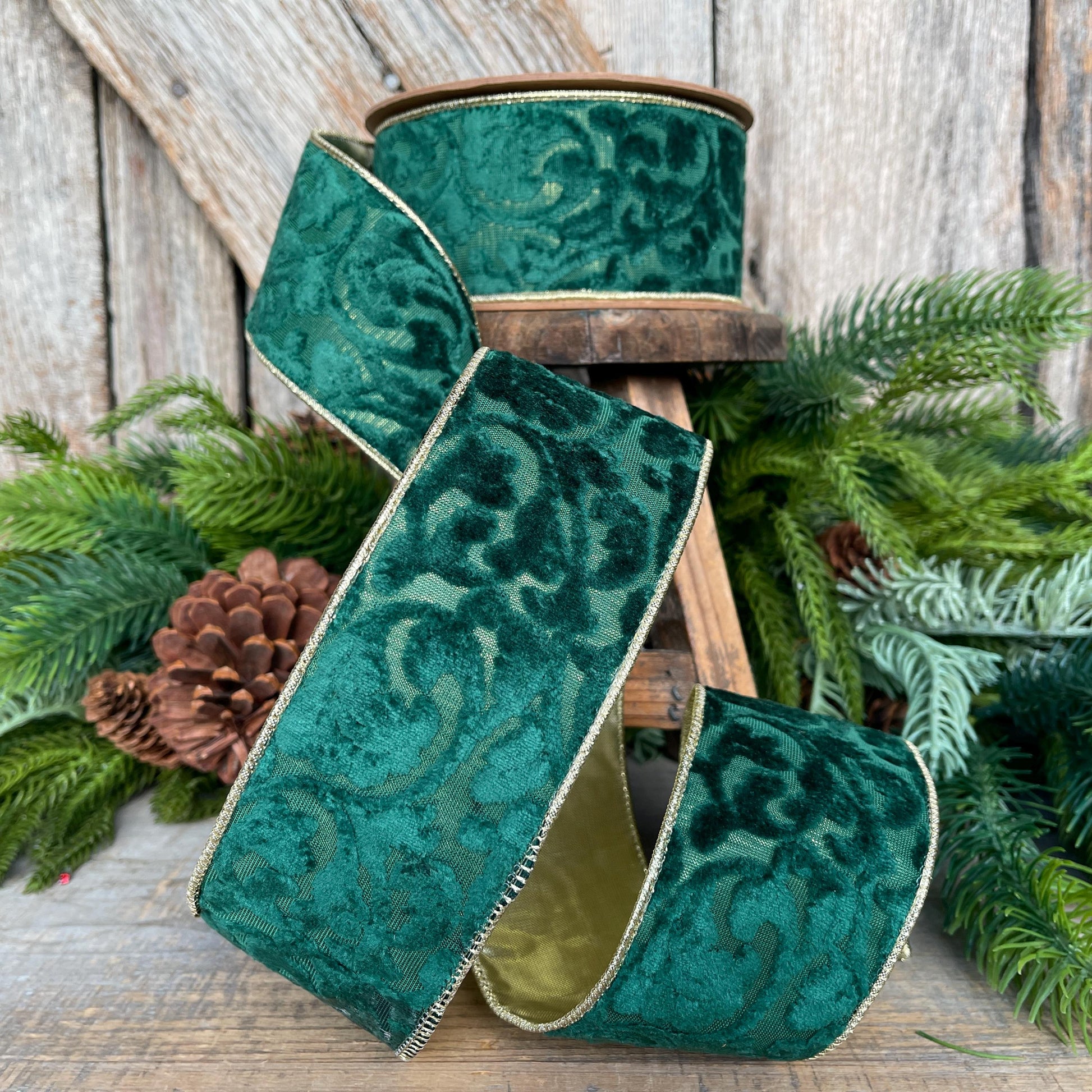 Emerald Green Embossed Velvet Christmas Ribbon: Wired Gold Backing, 2.5" x 10 Yards