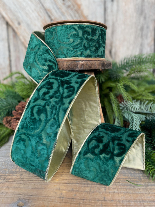 Emerald Green Embossed Velvet Christmas Ribbon: Wired Gold Backing, 2.5" x 10 Yards