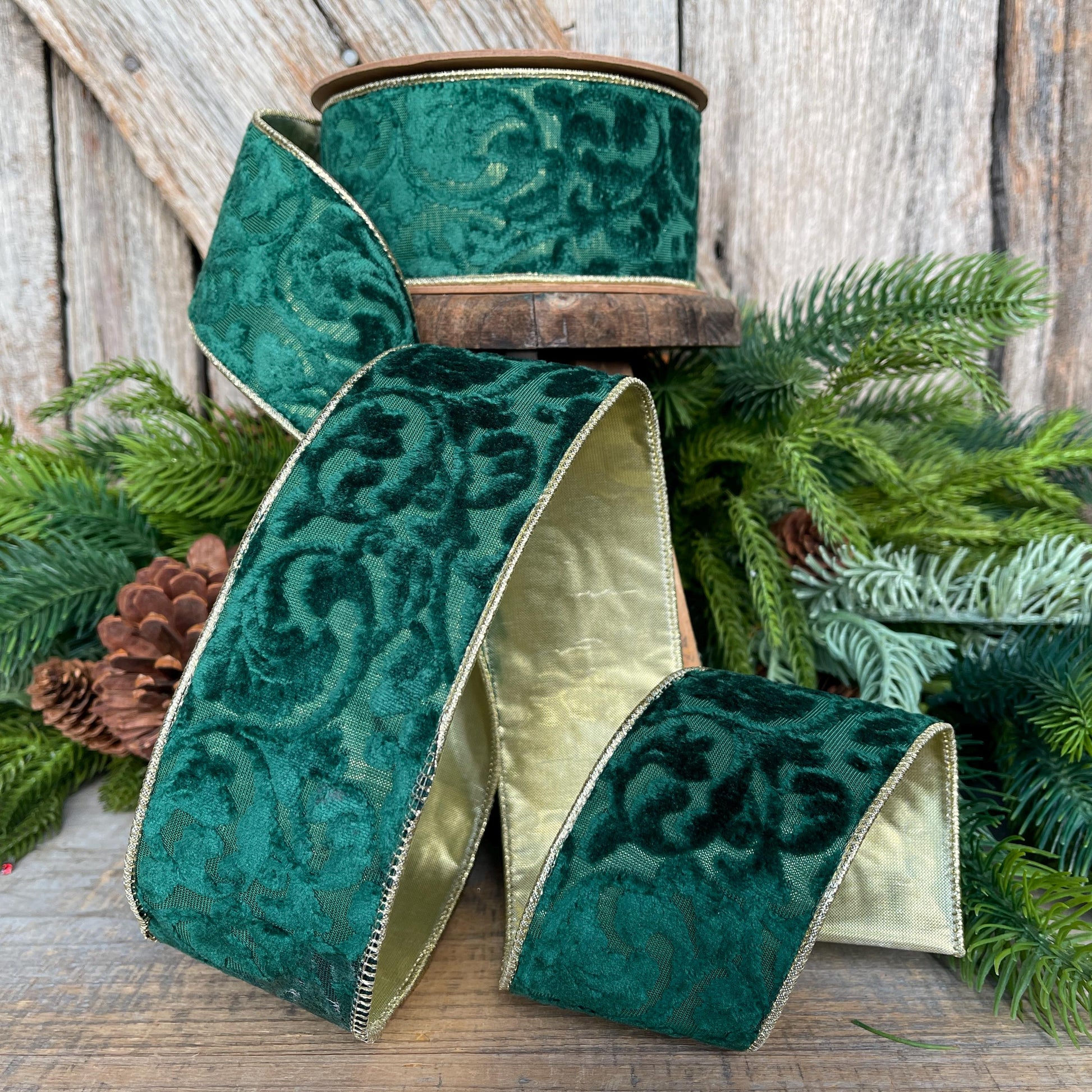 Emerald Green Embossed Velvet Christmas Ribbon: Wired Gold Backing, 2.5" x 10 Yards