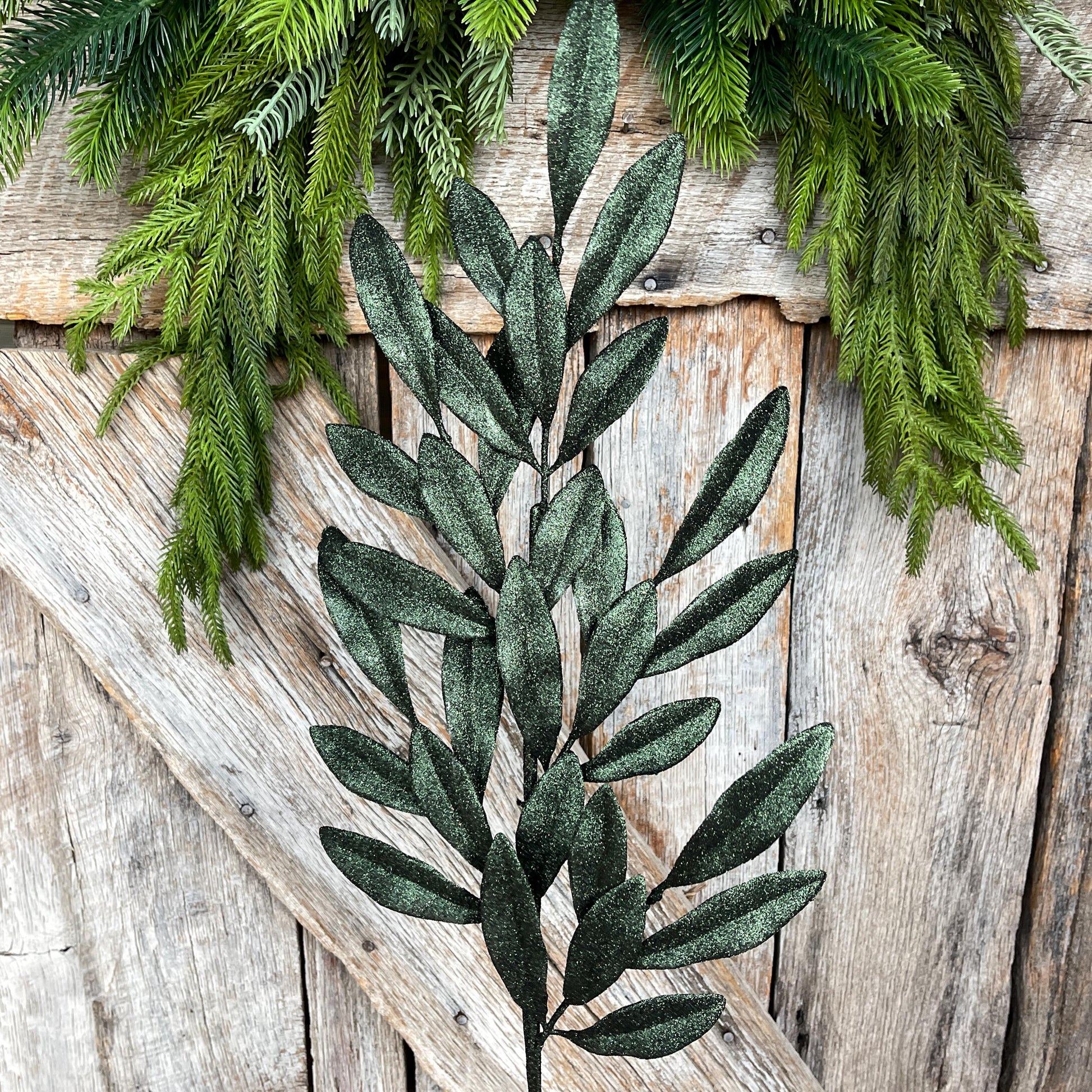 27" Dark Green Laurel Leaf Spray, Green Glitter Leaf Spray, Christmas Tree Picks, 86483DKGN