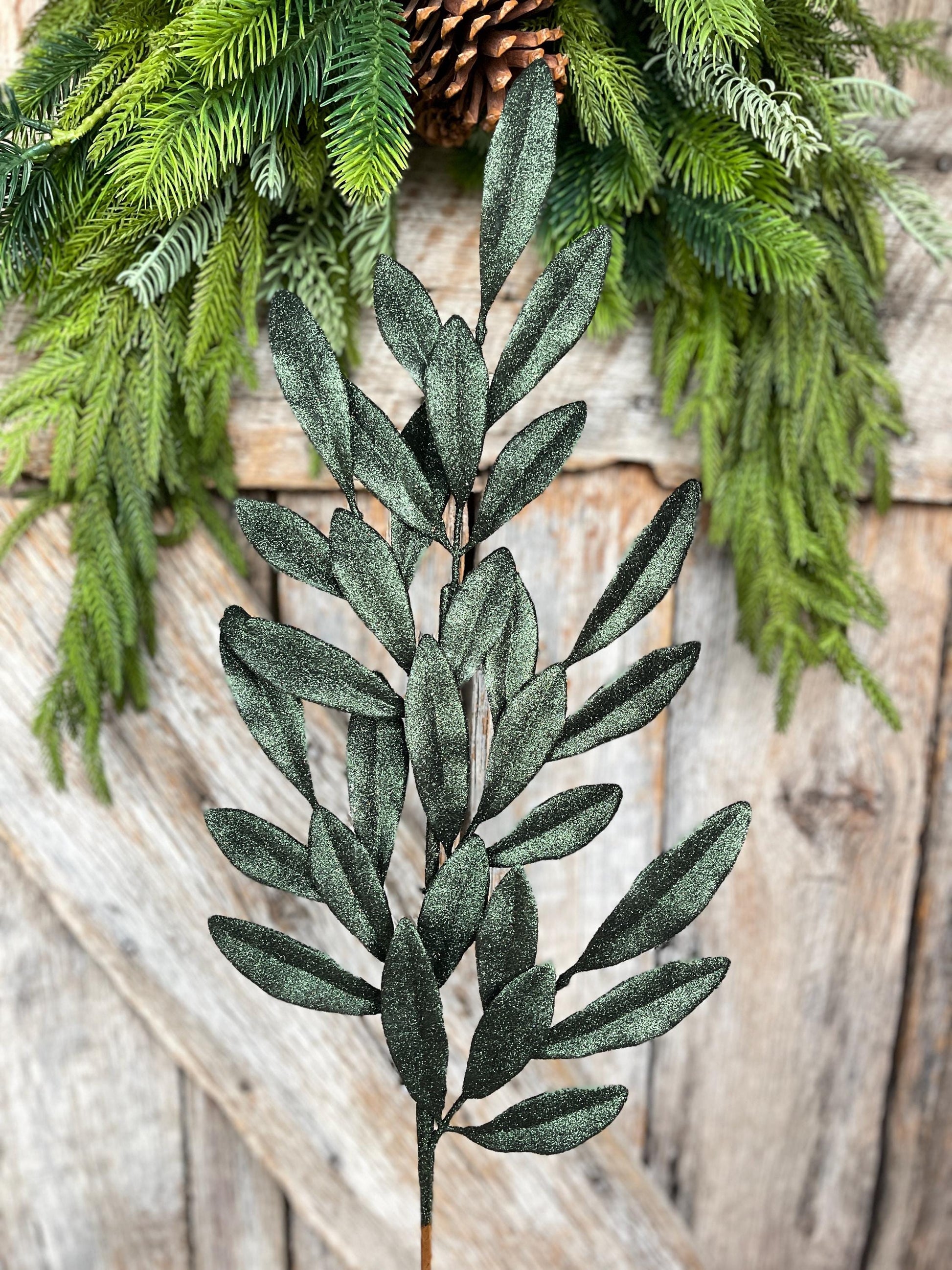 27" Dark Green Laurel Leaf Spray, Green Glitter Leaf Spray, Christmas Tree Picks, 86483DKGN