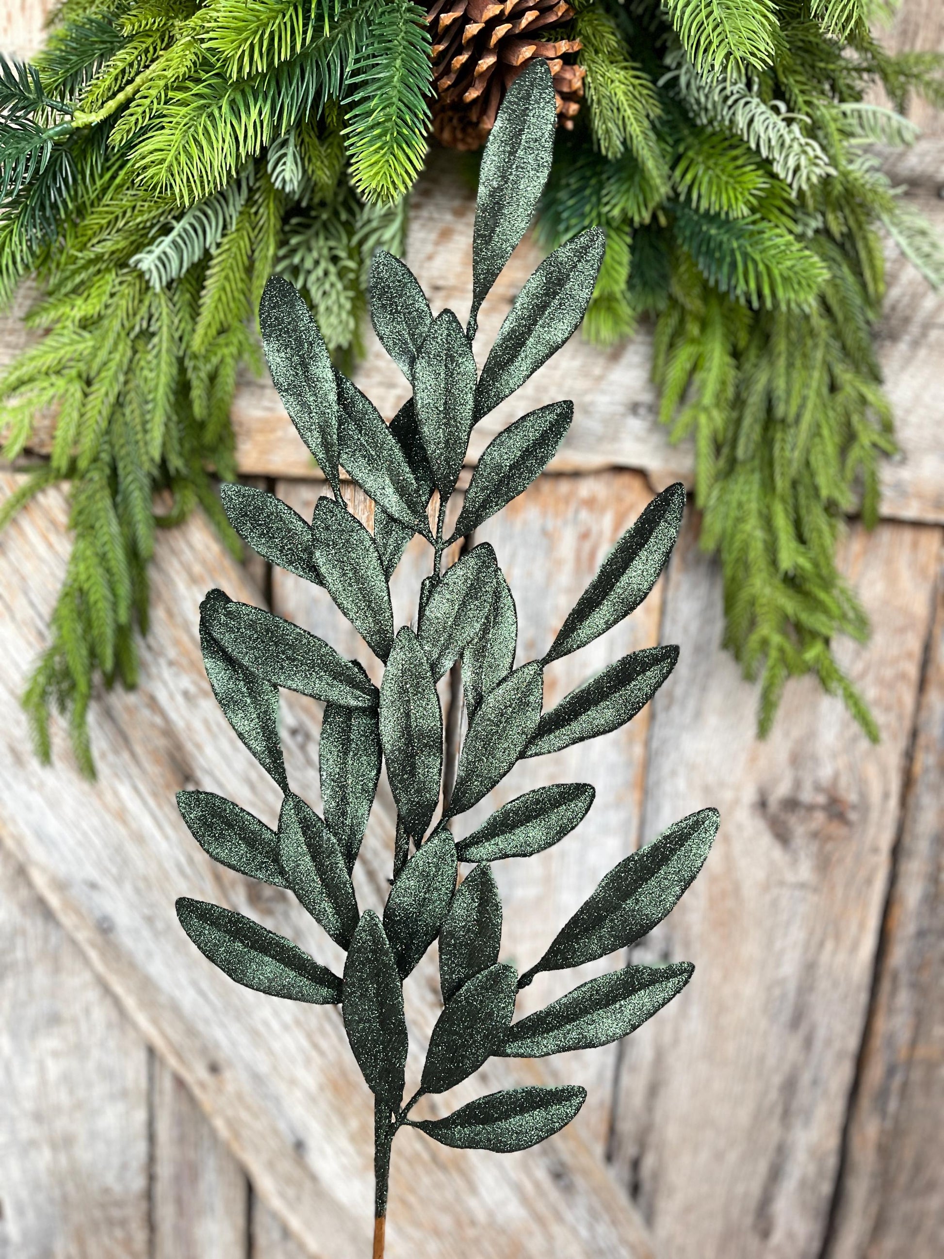 27" Dark Green Laurel Leaf Spray, Green Glitter Leaf Spray, Christmas Tree Picks, 86483DKGN