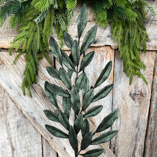 27" Dark Green Laurel Leaf Spray, Green Glitter Leaf Spray, Christmas Tree Picks, 86483DKGN