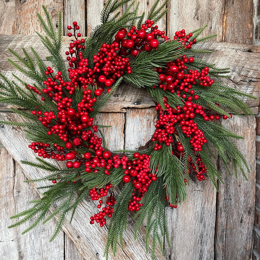 24" Christmas Red Berry Wreath, Cranberry Wreath, Red Wreath