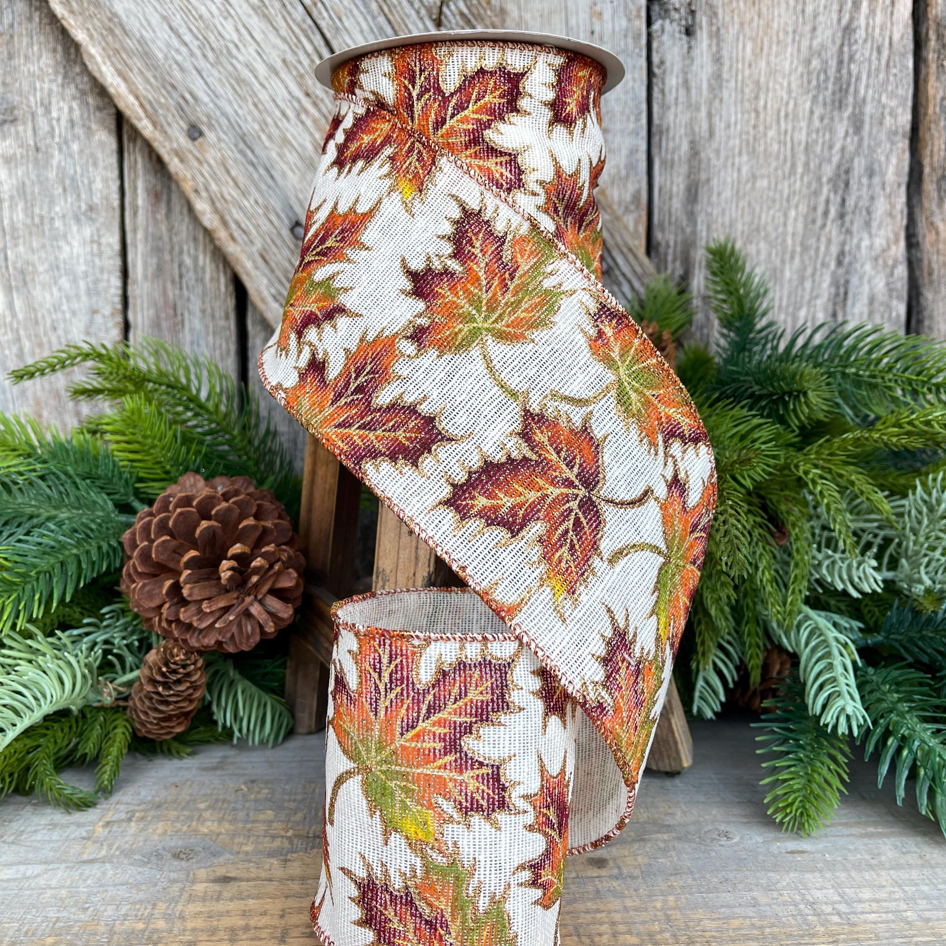 4" Fall Leaves Ribbon, Burlap Fall Leaf Ribbon, Fall Decor