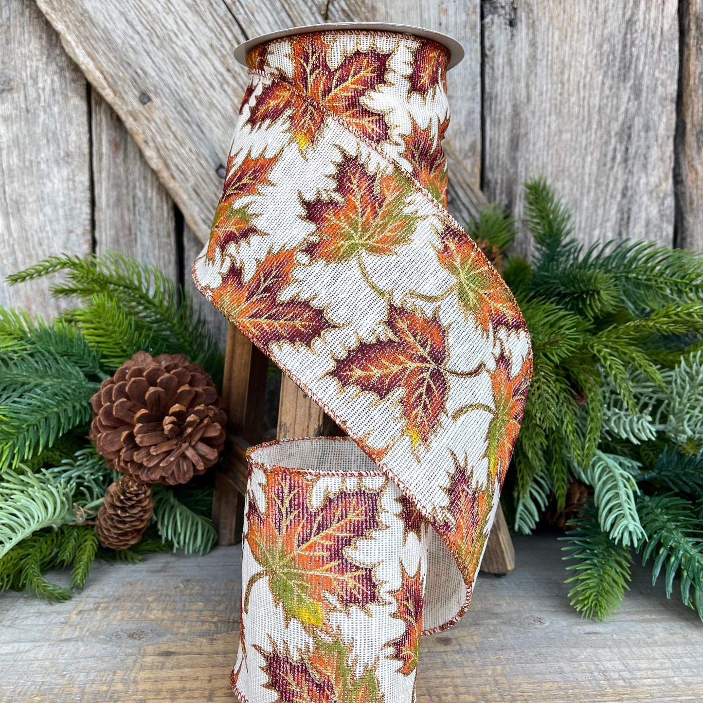 4" Fall Leaves Ribbon, Burlap Fall Leaf Ribbon, Fall Decor