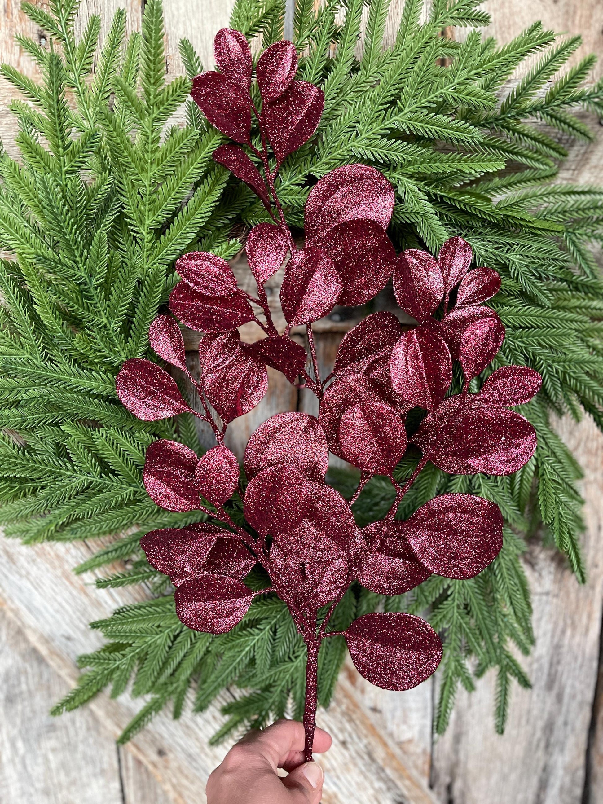 24" Burgundy Bay Leaf Glitter Spray, Burgundy Maroon Leaf Spray, Fall Leaf Spray