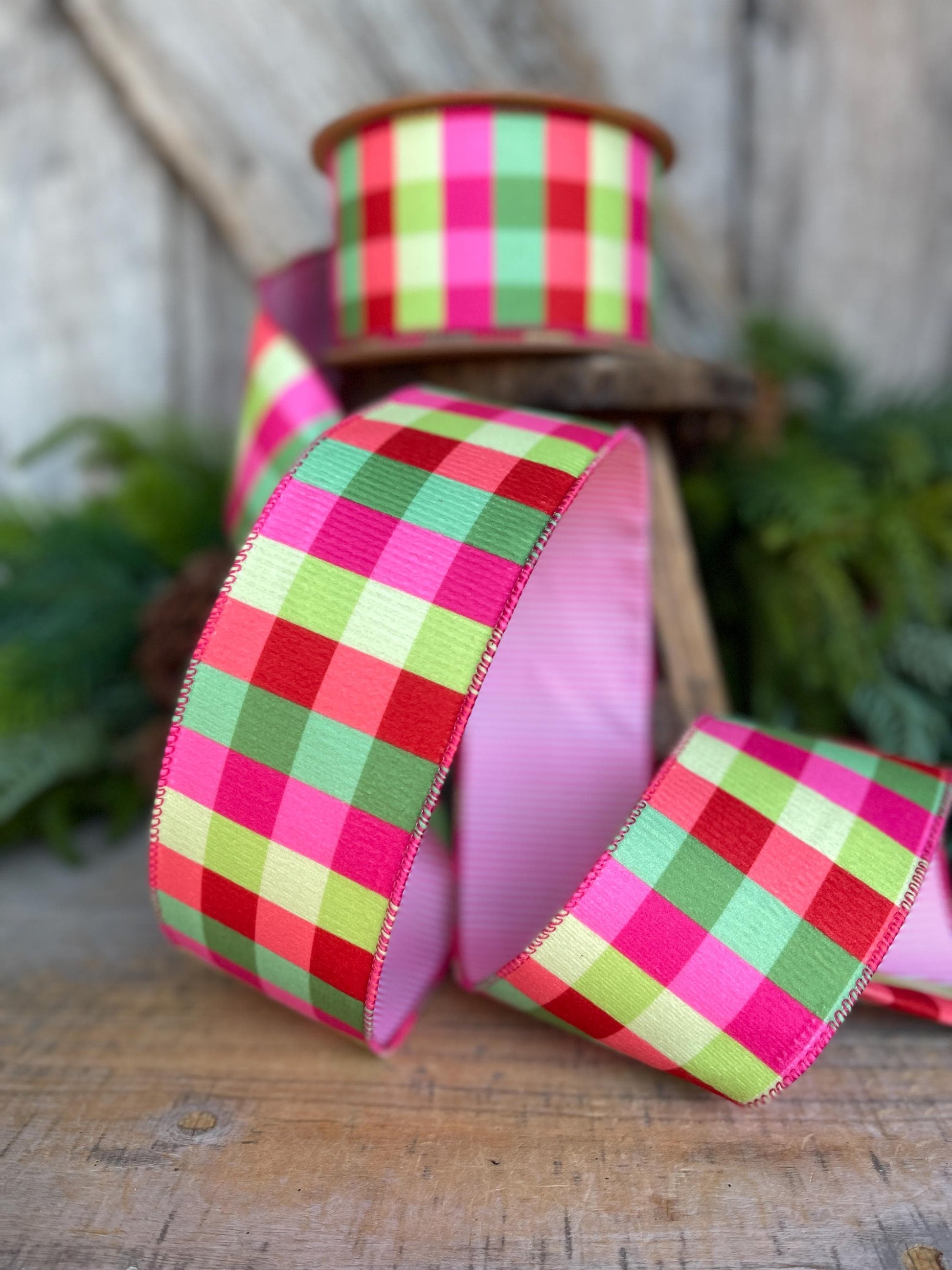 Hot Pink Plaid Ribbon, Christmas Tree Ribbon, 2.5" x 10yds