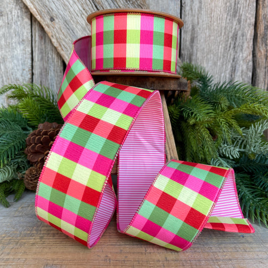 Hot Pink Plaid Ribbon, Christmas Tree Ribbon, 2.5" x 10yds