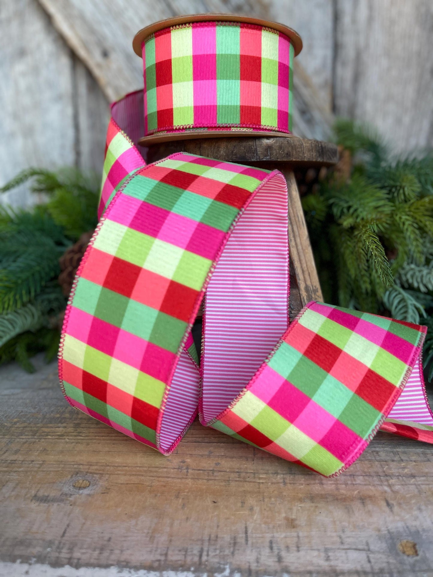 Hot Pink Plaid Ribbon, Christmas Tree Ribbon, 2.5" x 10yds