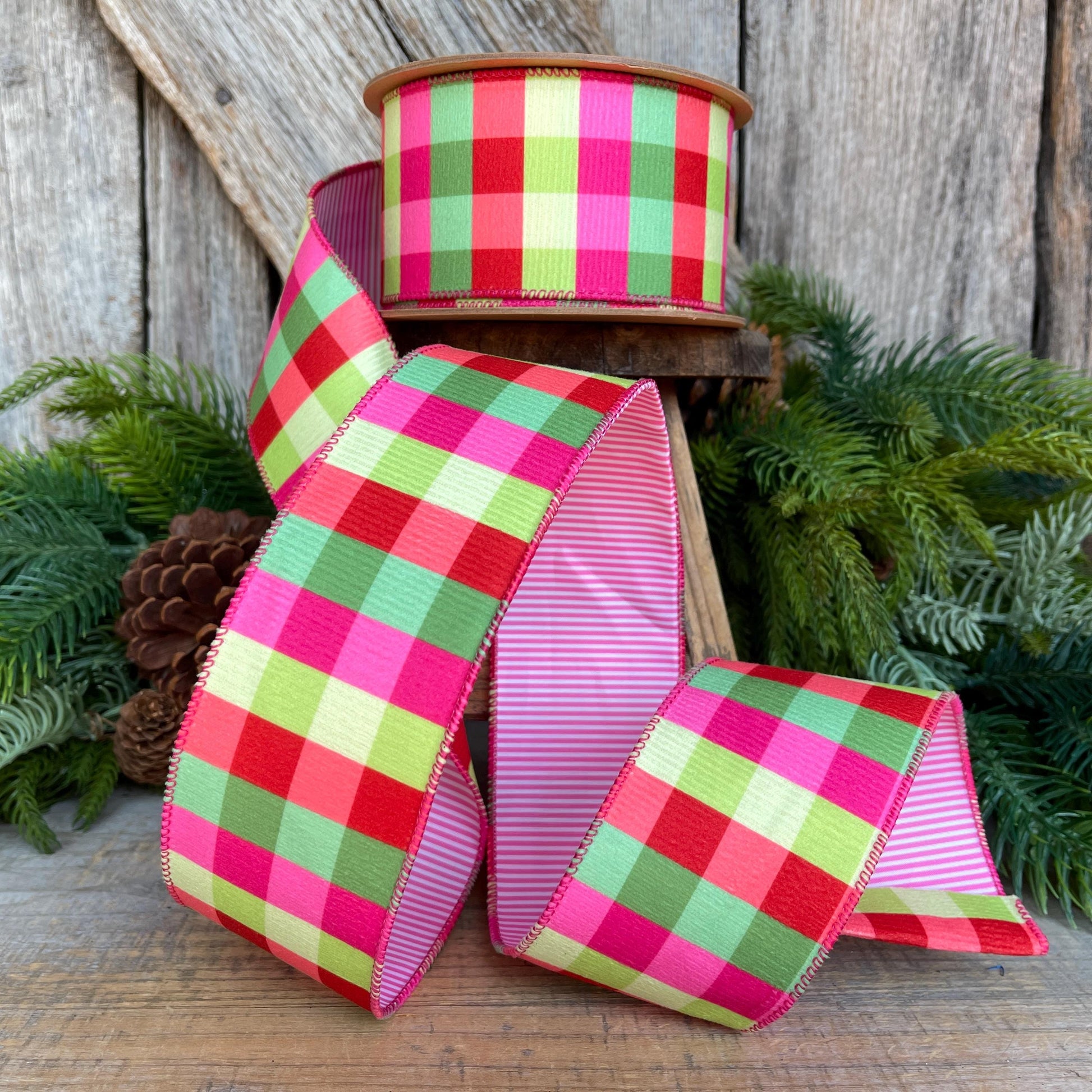 Hot Pink Plaid Ribbon, Christmas Tree Ribbon, 2.5" x 10yds