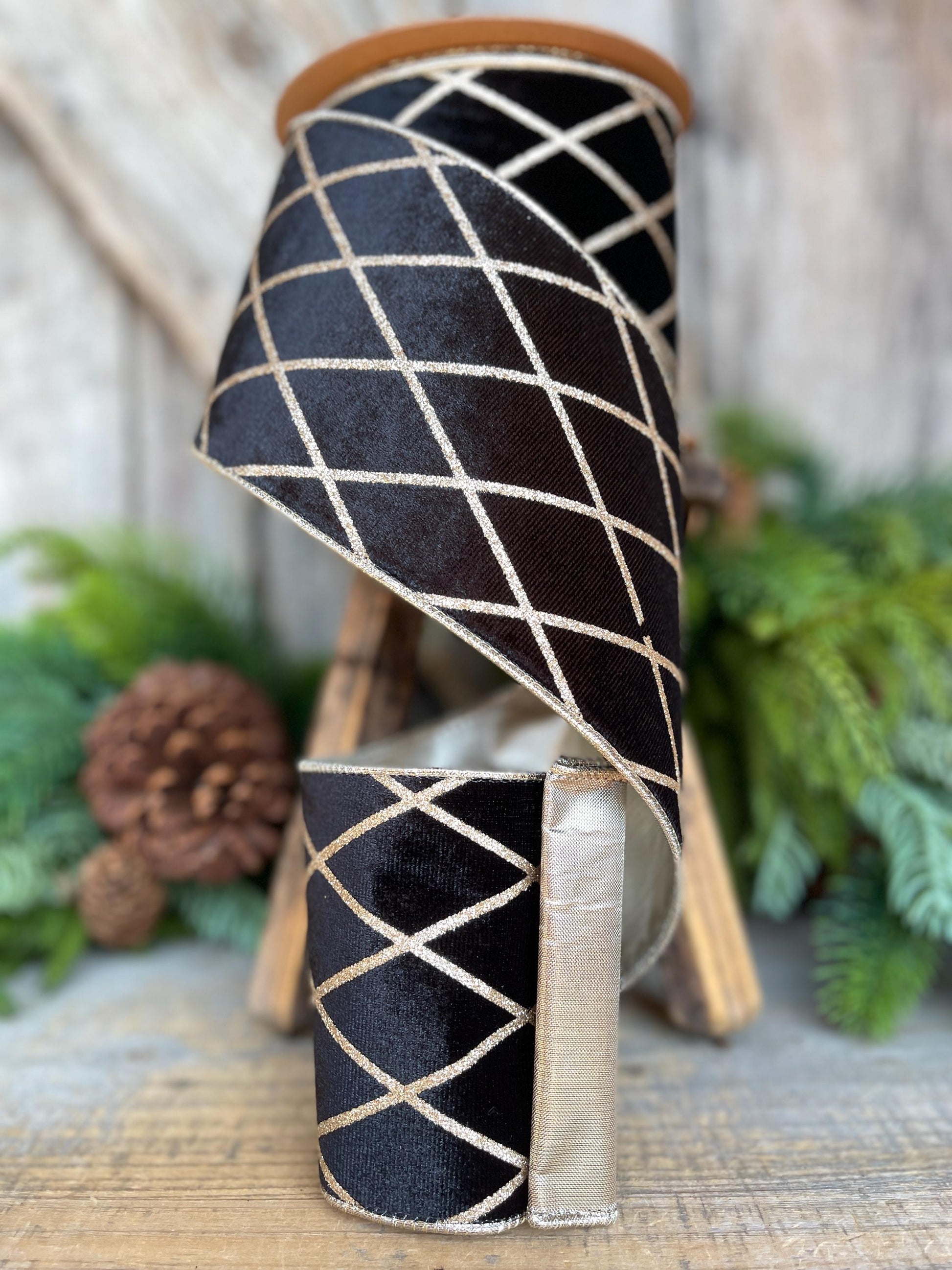Black Velvet Wired Ribbon, Black Gold Lattice Ribbon Christmas Tree & Holiday Decor, 4" x 10yds
