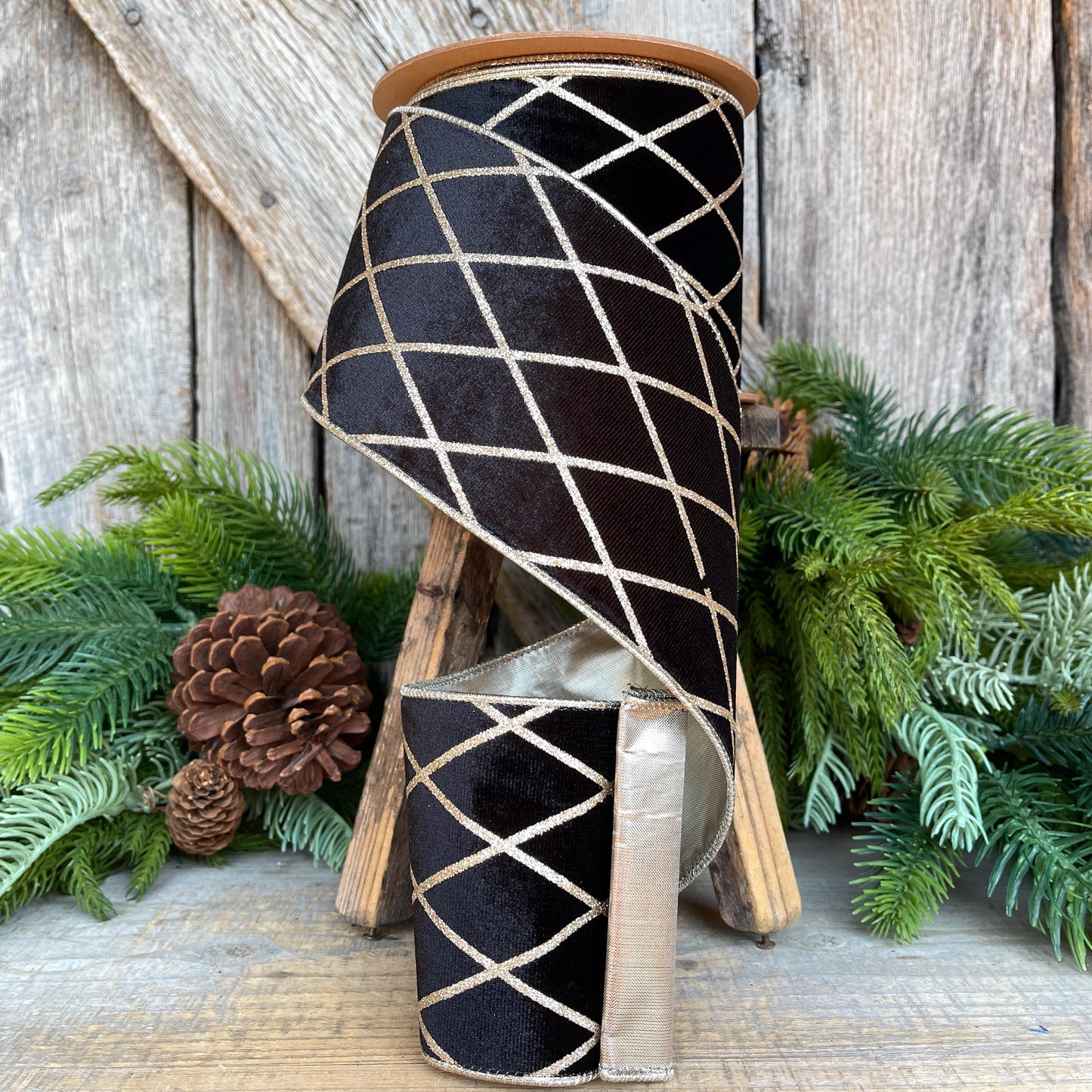Black Velvet Wired Ribbon, Black Gold Lattice Ribbon Christmas Tree & Holiday Decor, 4" x 10yds