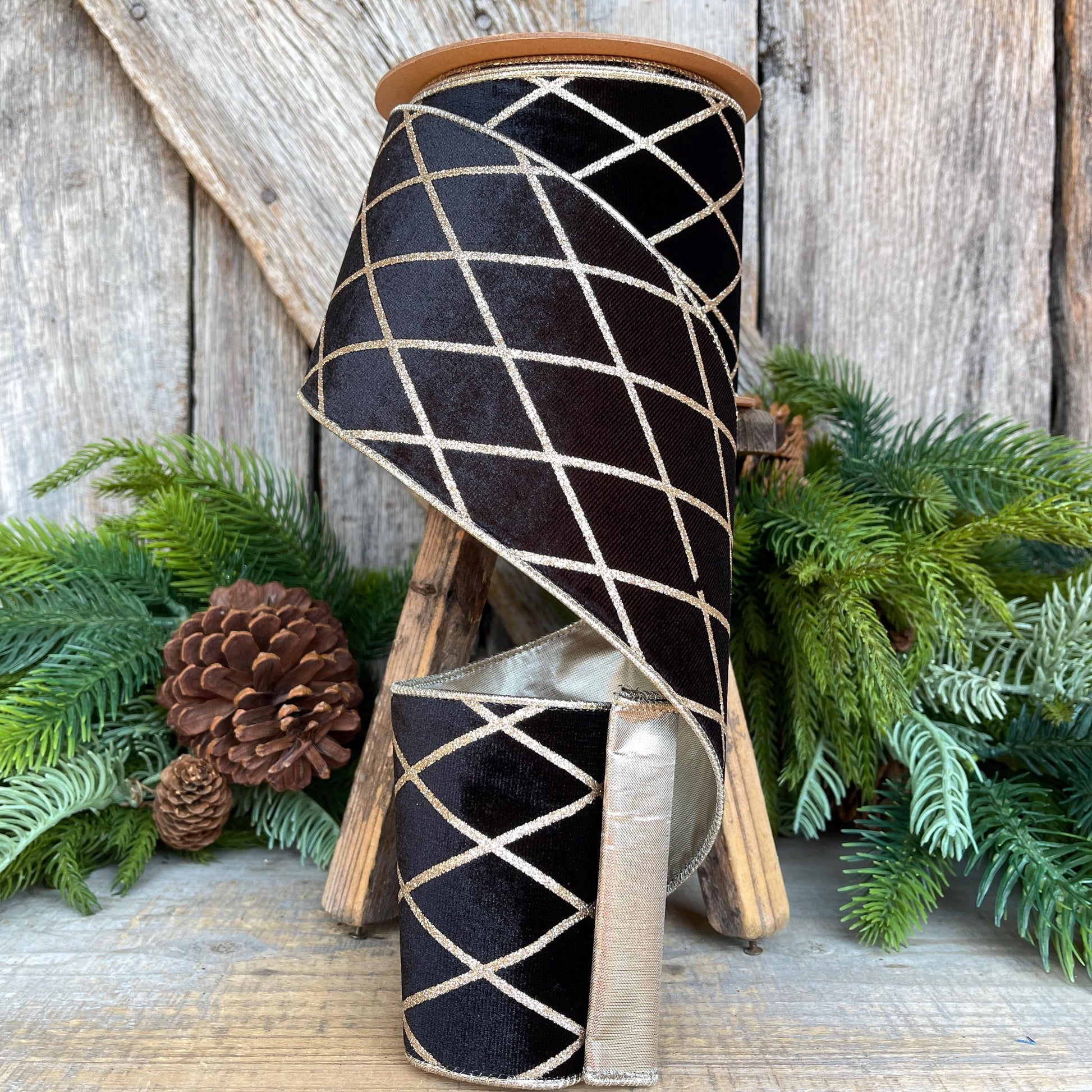 Black Velvet Wired Ribbon, Black Gold Lattice Ribbon Christmas Tree & Holiday Decor, 4" x 10yds