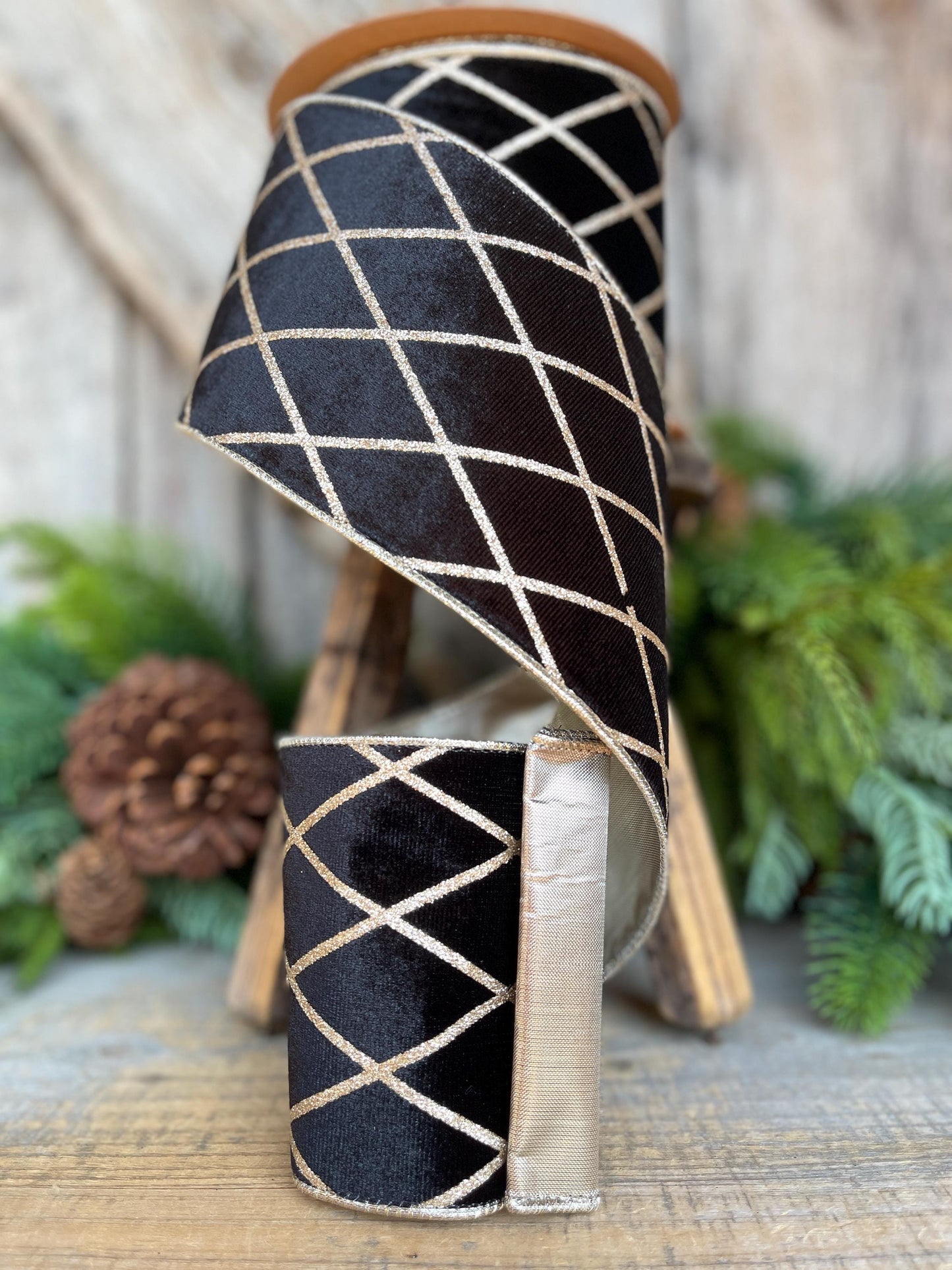 Black Velvet Wired Ribbon, Black Gold Lattice Ribbon Christmas Tree & Holiday Decor, 4" x 10yds