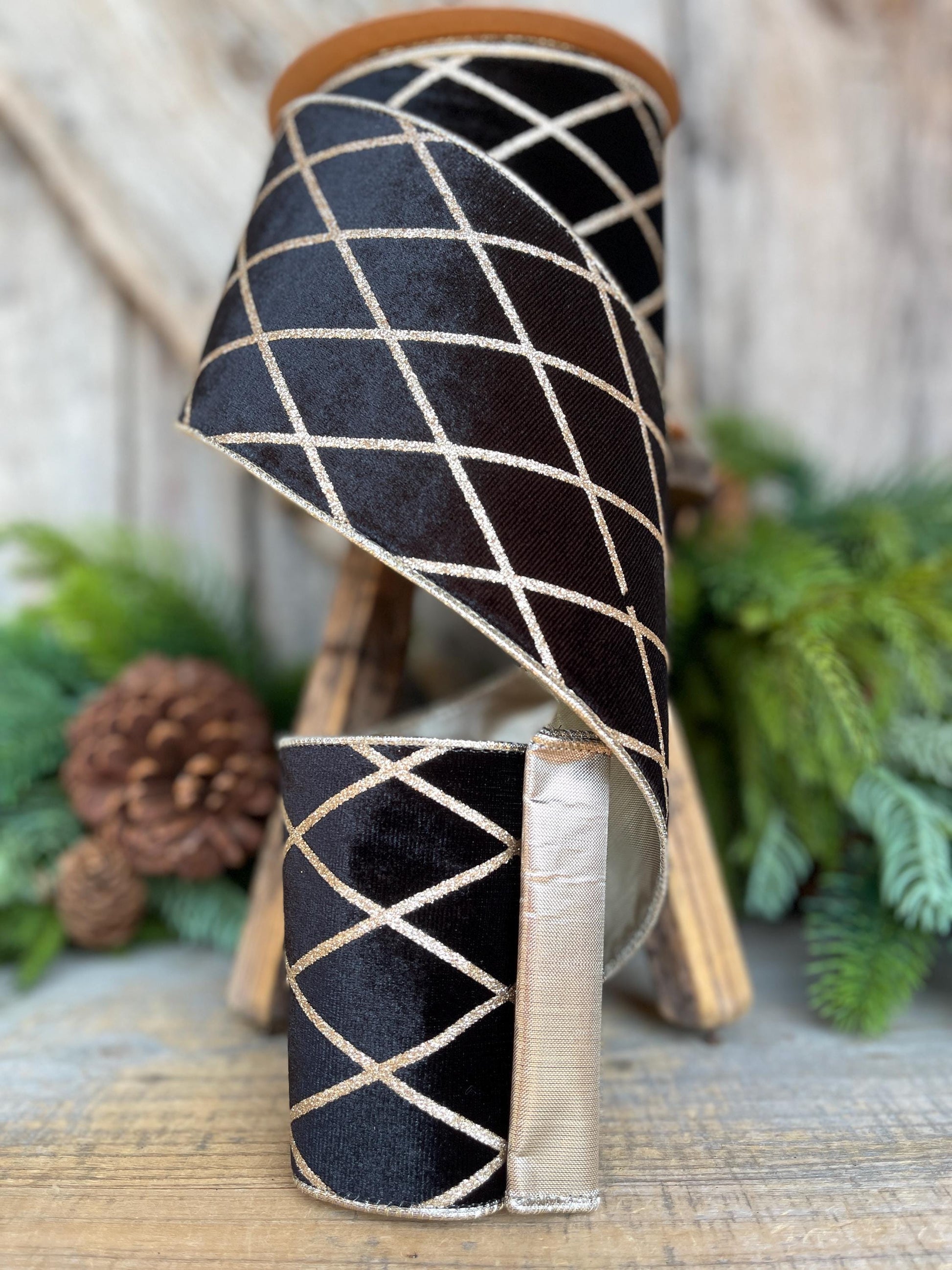 Black Velvet Wired Ribbon, Black Gold Lattice Ribbon Christmas Tree & Holiday Decor, 4" x 10yds