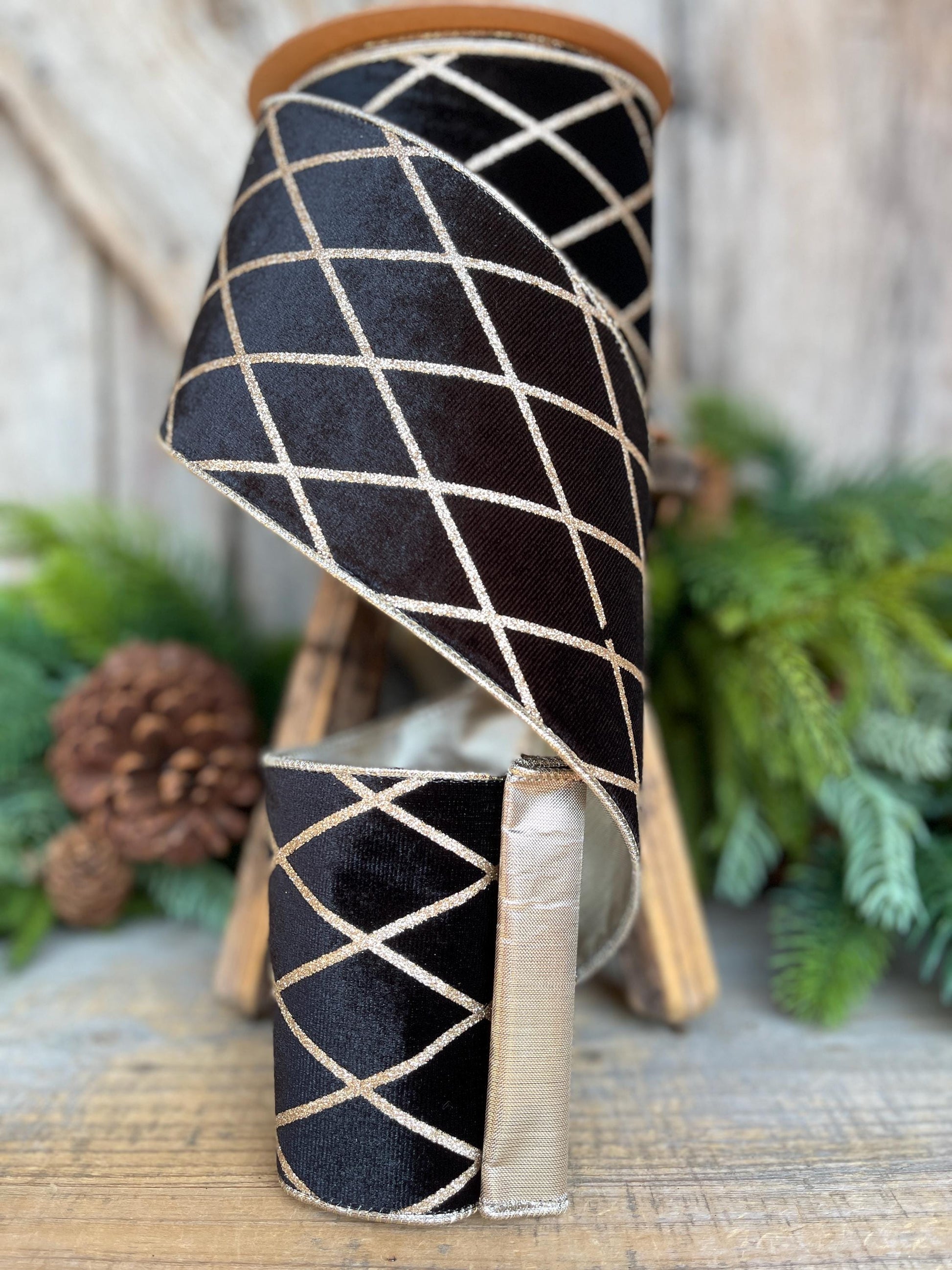 Black Velvet Wired Ribbon, Black Gold Lattice Ribbon Christmas Tree & Holiday Decor, 4" x 10yds